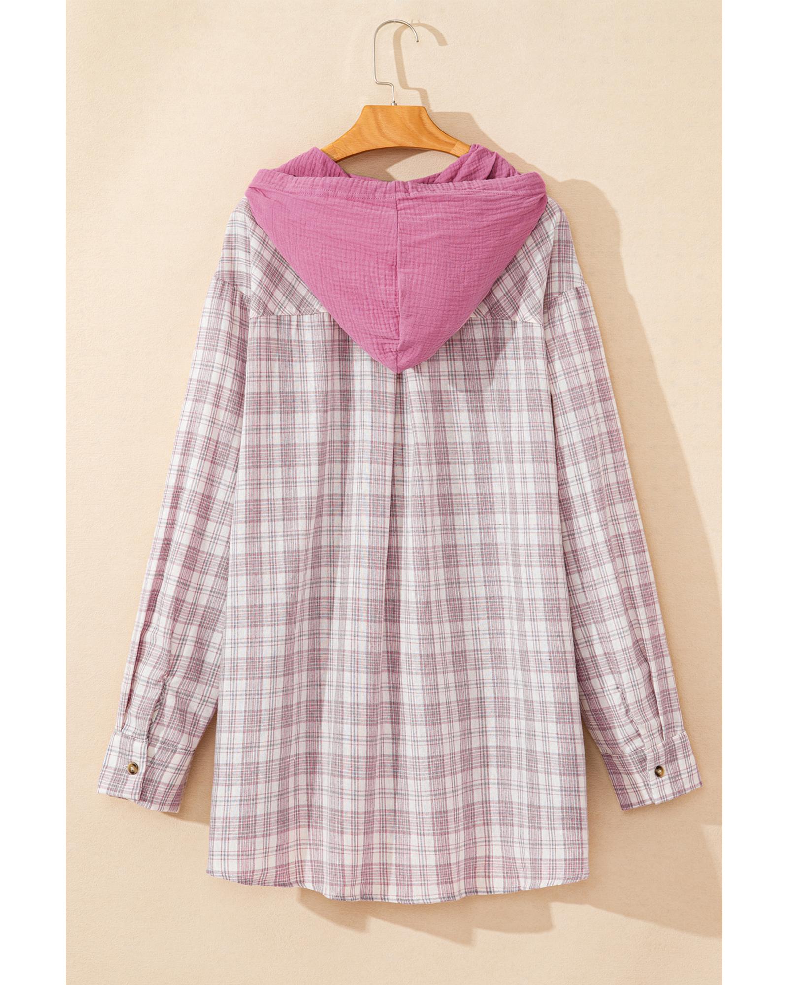 Bonbon Plaid Print Drawstring Hooded Button-up Plus Size Shirt - 3X 5