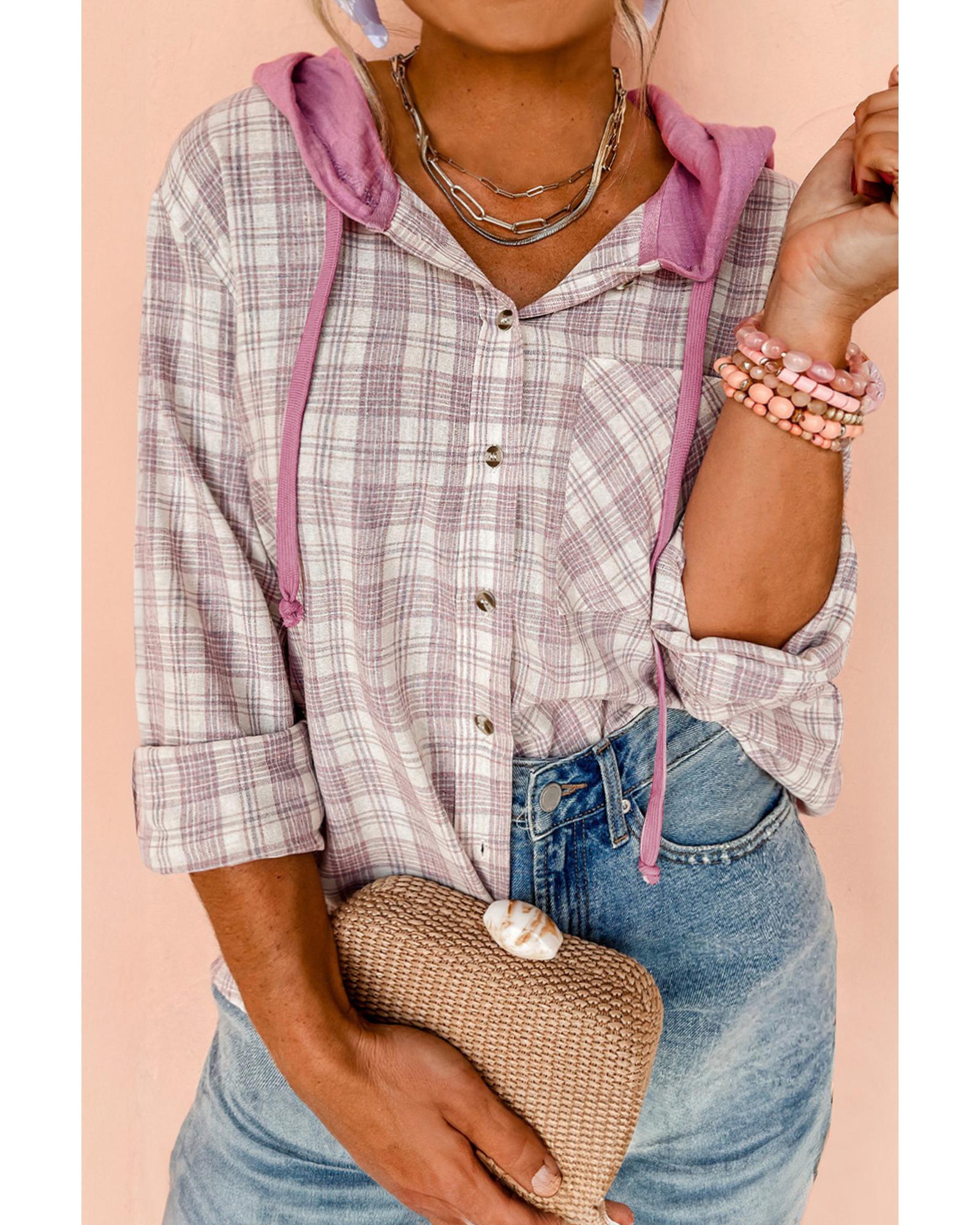 Bonbon Plaid Print Drawstring Hooded Button-up Plus Size Shirt - 3X 6