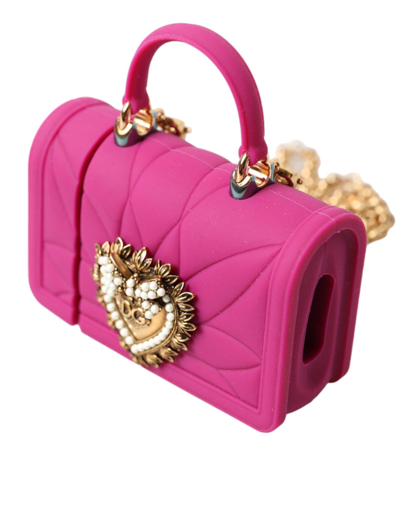 Dolce & Gabbana Women's Pink Silicone Devotion Heart Bag Gold Chain Airpods Case - One Size 3