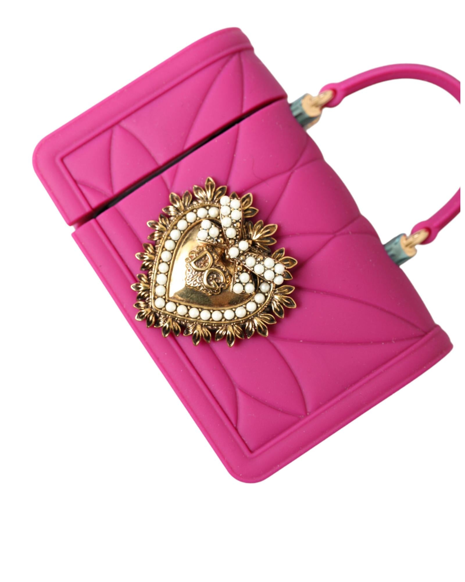 Dolce & Gabbana Women's Pink Silicone Devotion Heart Bag Gold Chain Airpods Case - One Size 5