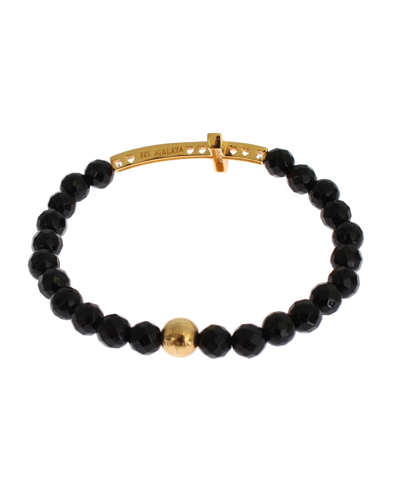 NIALAYA Gold Plated Sterling Silver Bracelet with Agate Stone and CZ Diamond Cross M Women 5