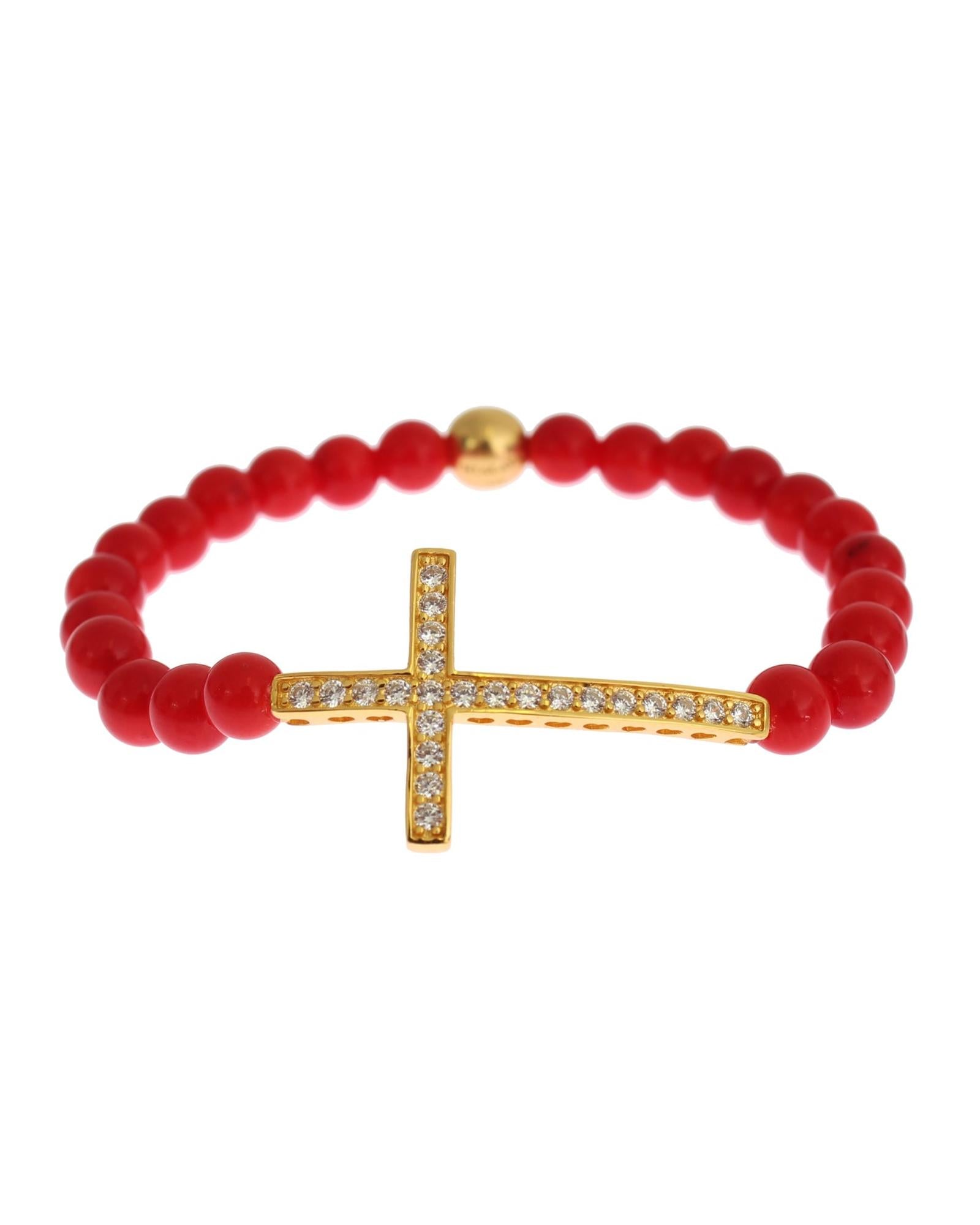 Authentic NIALAYA Gold Plated Silver Bracelet with Red Coral Beads and CZ Diamond Cross M Women 3
