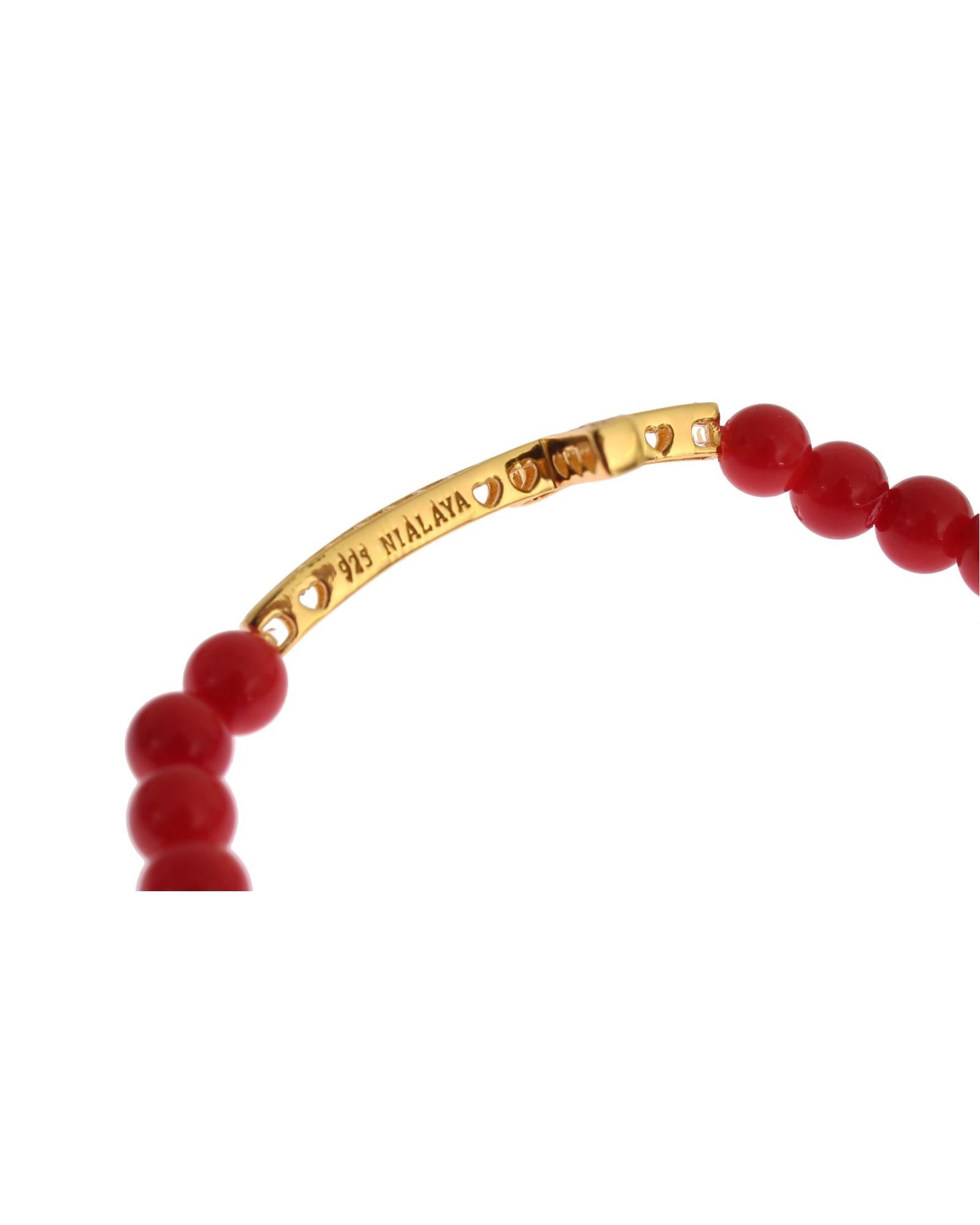 Authentic NIALAYA Gold Plated Silver Bracelet with Red Coral Beads and CZ Diamond Cross S Women 4