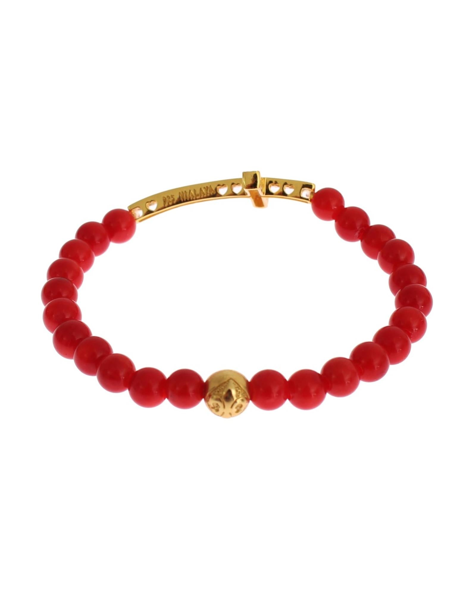 Authentic NIALAYA Gold Plated Silver Bracelet with Red Coral Beads and CZ Diamond Cross S Women 5