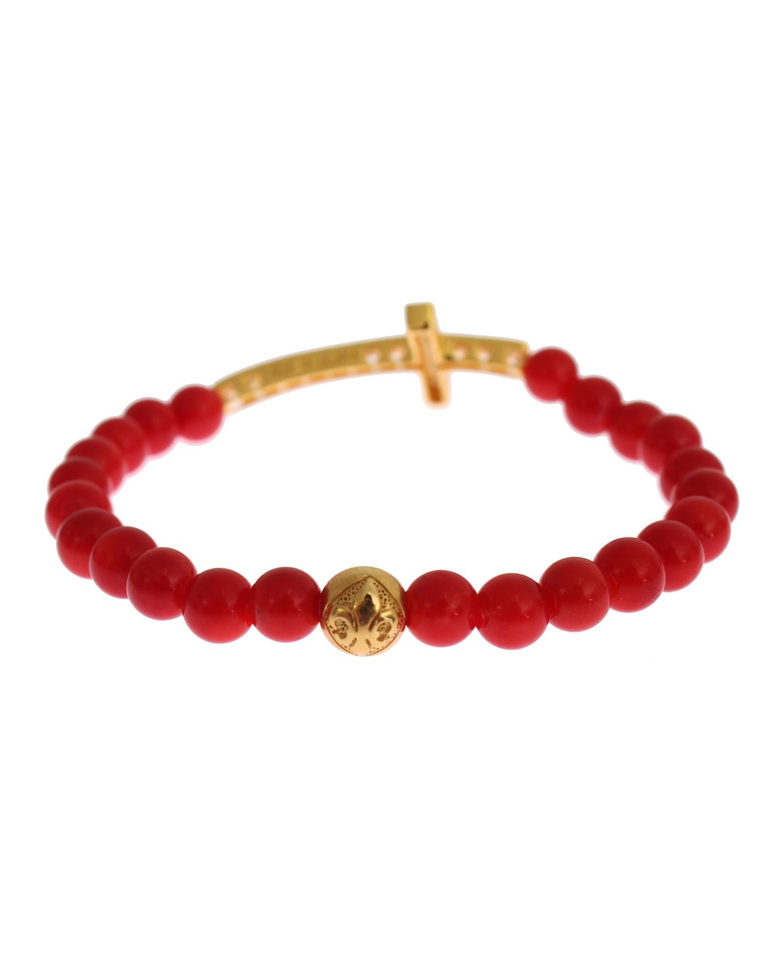 Authentic NIALAYA Gold Plated Silver Bracelet with Red Coral Beads and CZ Diamond Cross S Women 6