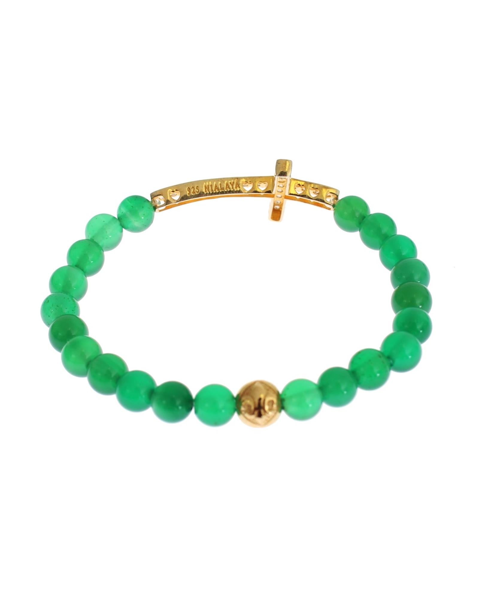 NIALAYA Green Jade Bead Bracelet with CZ Diamond Cross XS Women 4