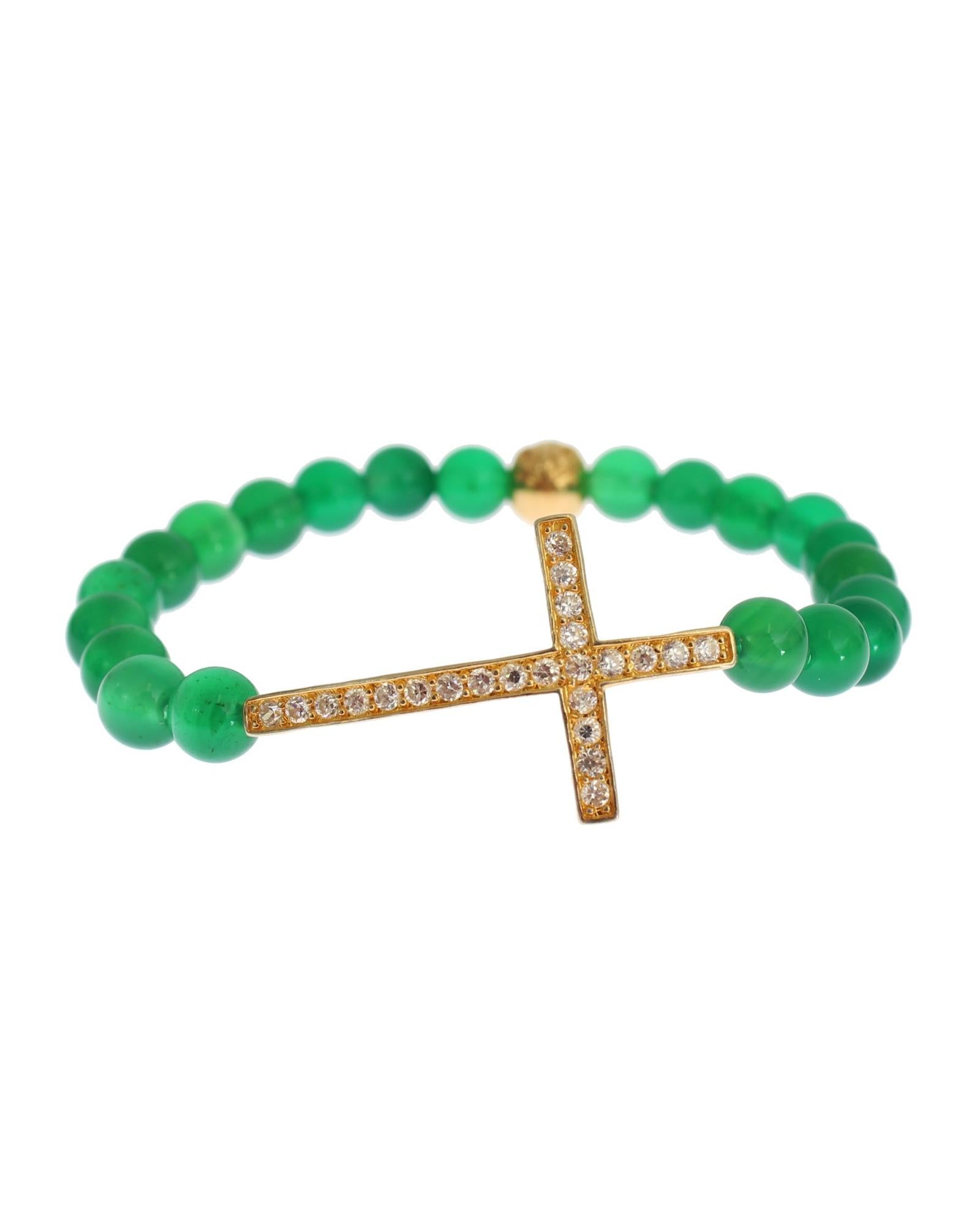 NIALAYA Green Jade Bead Bracelet with CZ Diamond Cross M Women 3