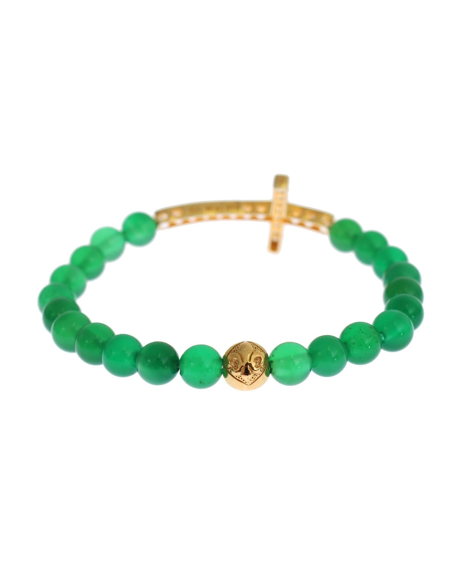 NIALAYA Green Jade Bead Bracelet with CZ Diamond Cross S Women 6
