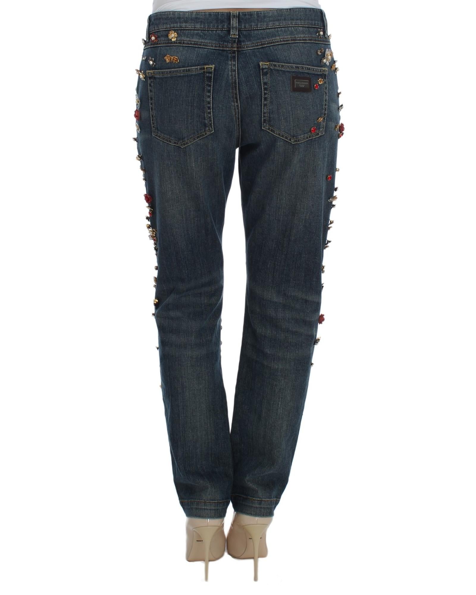 Blue Wash Crystal Heart Roses Embellished Enchanted Sicily Boyfriend Jeans 38 IT Women 3