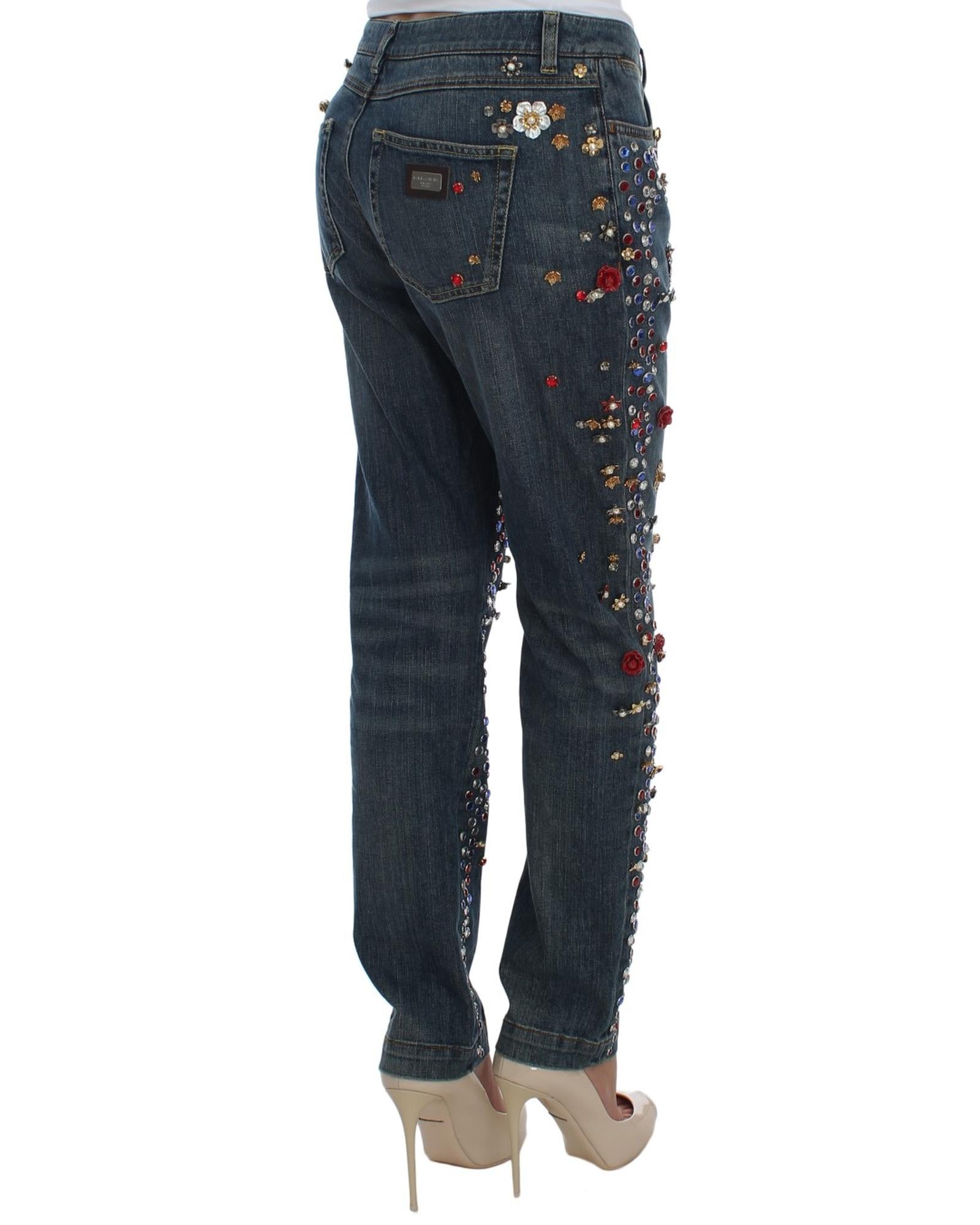 Blue Wash Crystal Heart Roses Embellished Enchanted Sicily Boyfriend Jeans 38 IT Women 4
