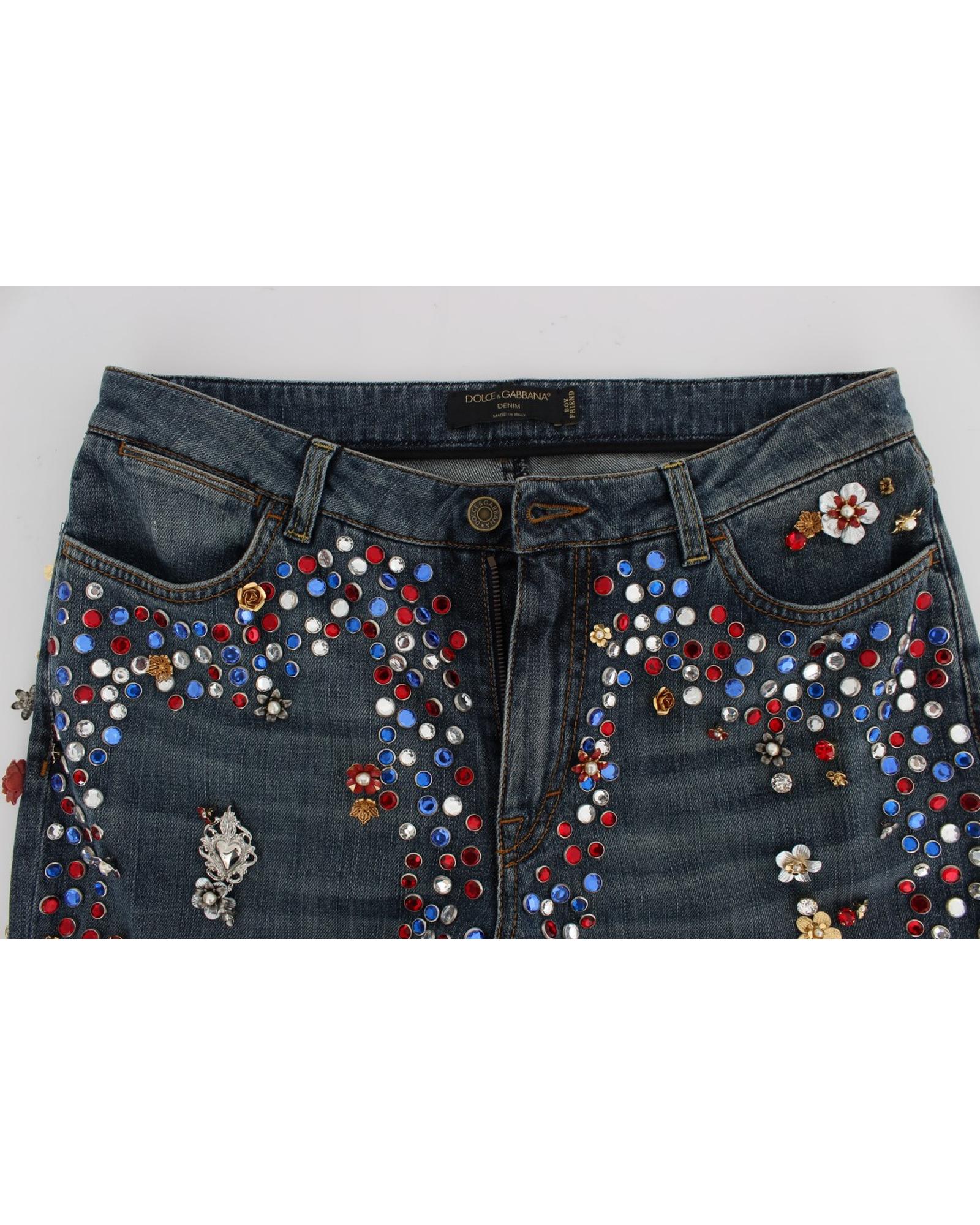 Blue Wash Crystal Heart Roses Embellished Enchanted Sicily Boyfriend Jeans 38 IT Women 5