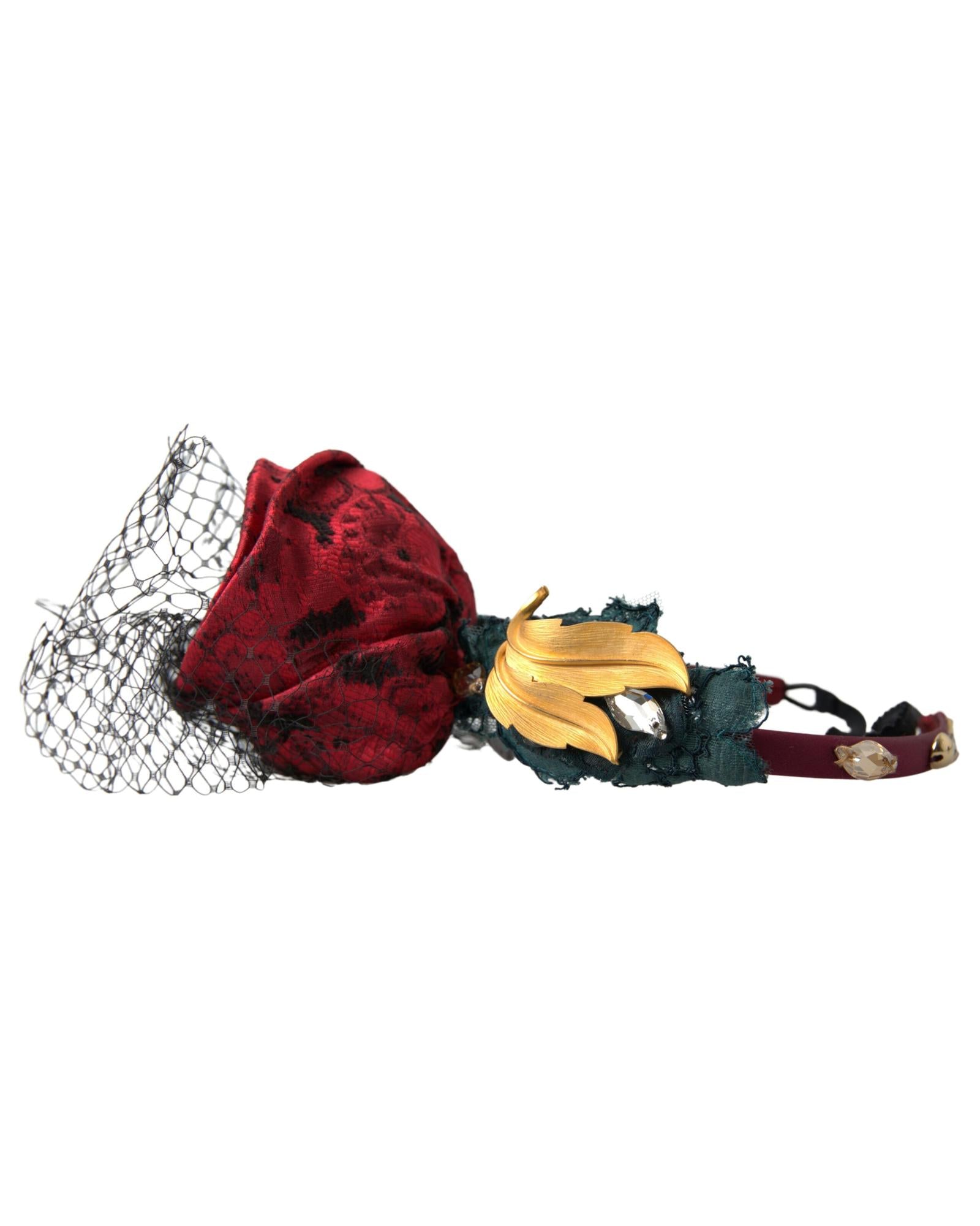 Dolce & Gabbana Women's Red with multicolor Rose Silk Crystal Netted Logo Diadem Headband - One Size 3