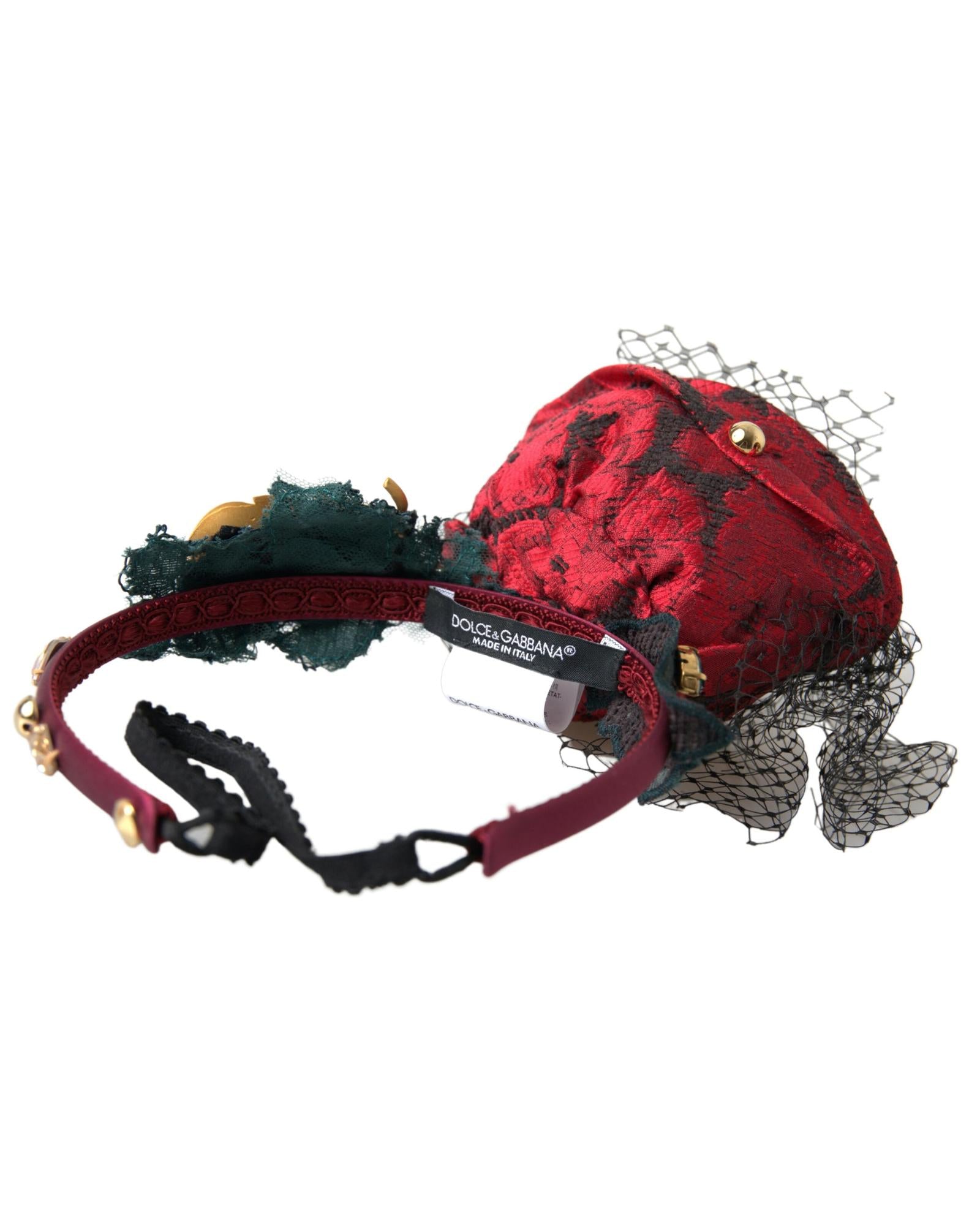 Dolce & Gabbana Women's Red with multicolor Rose Silk Crystal Netted Logo Diadem Headband - One Size 4