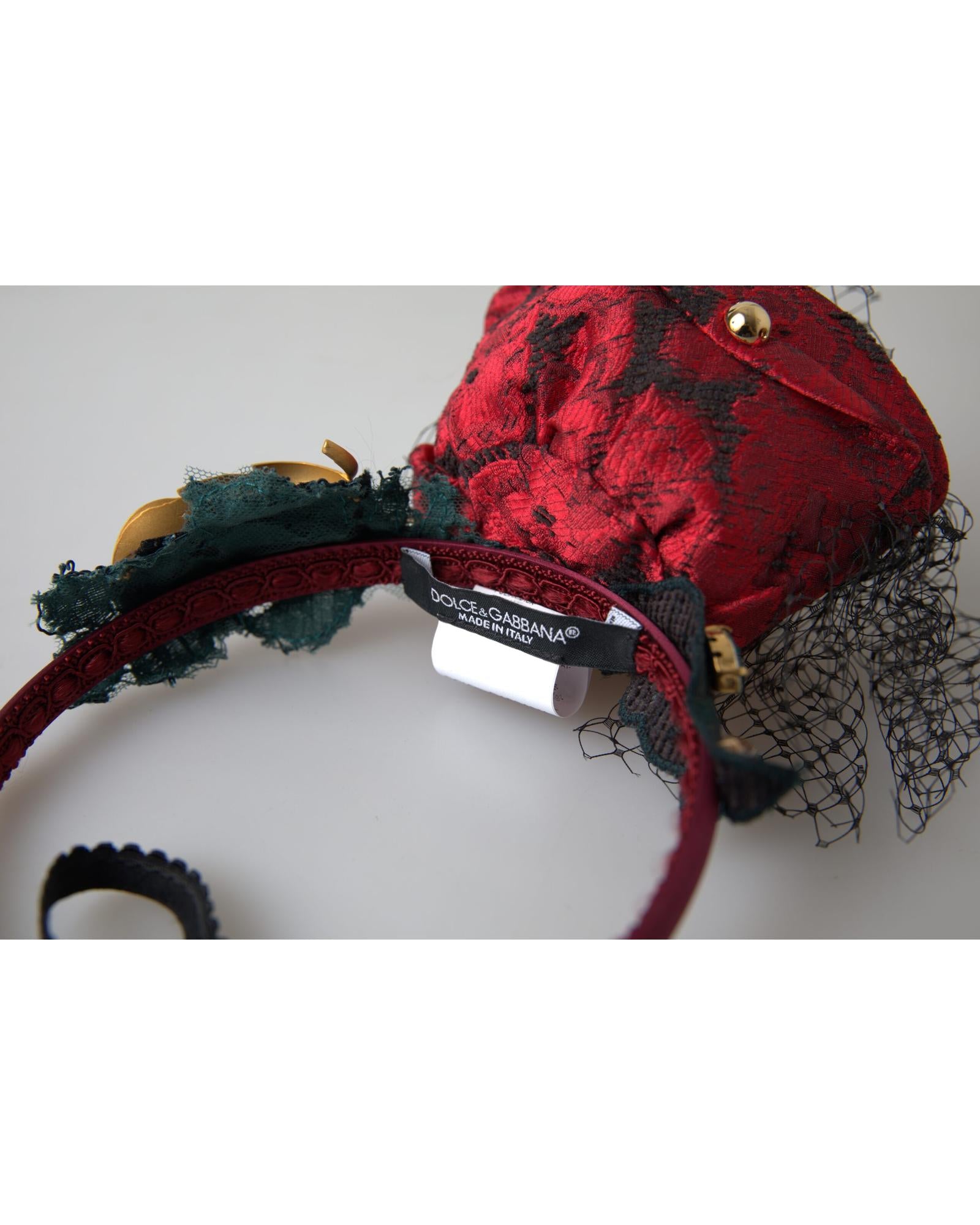 Dolce & Gabbana Women's Red with multicolor Rose Silk Crystal Netted Logo Diadem Headband - One Size 5