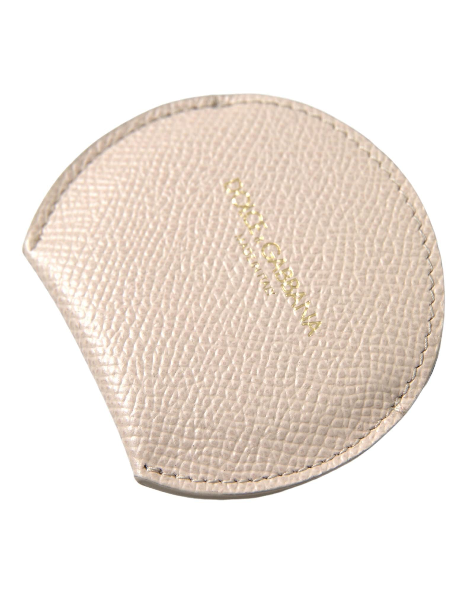 Dolce & Gabbana Women's Beige Calfskin Leather Round Logo Hand Mirror Holder - One Size 3