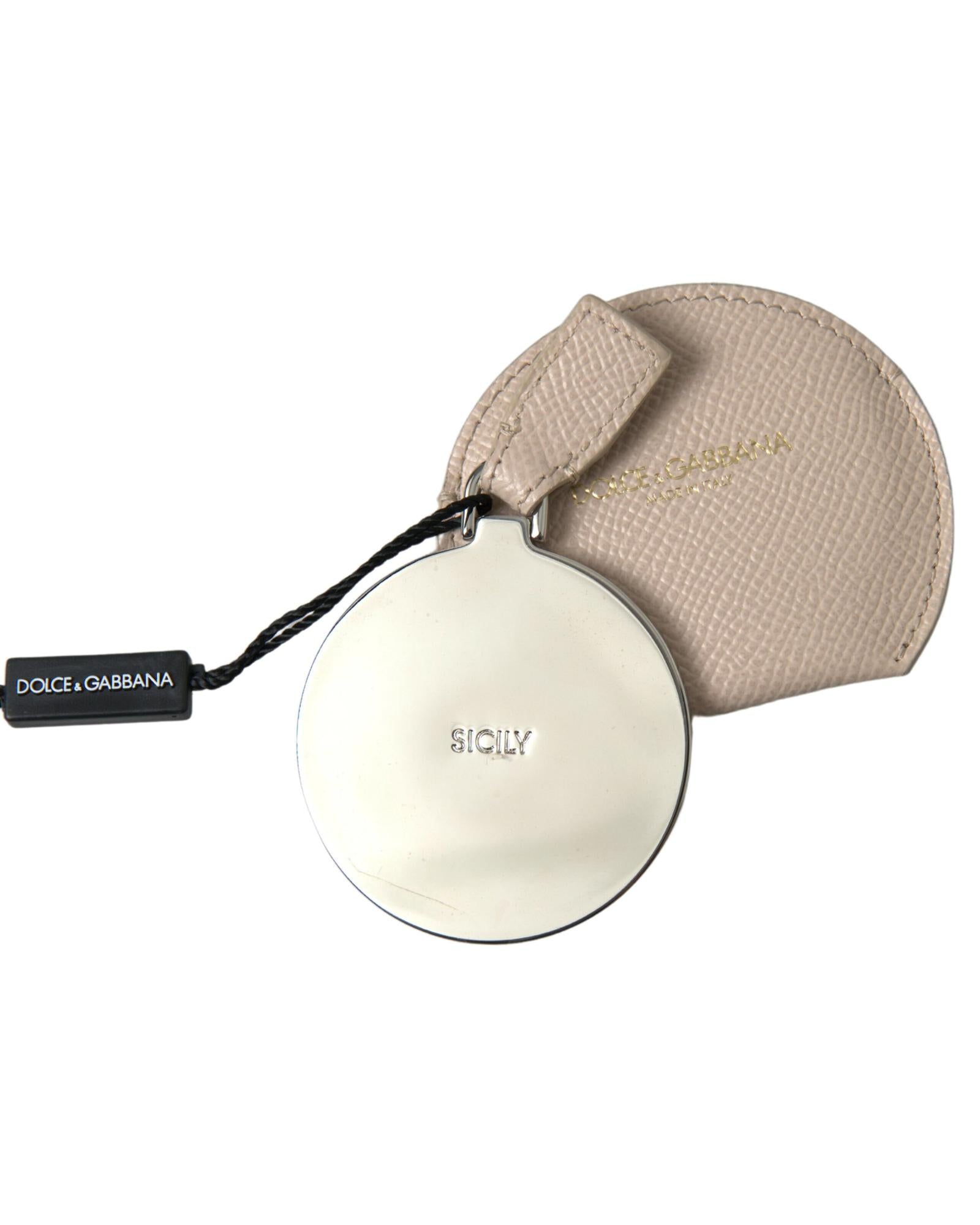 Dolce & Gabbana Women's Beige Calfskin Leather Round Logo Hand Mirror Holder - One Size 4