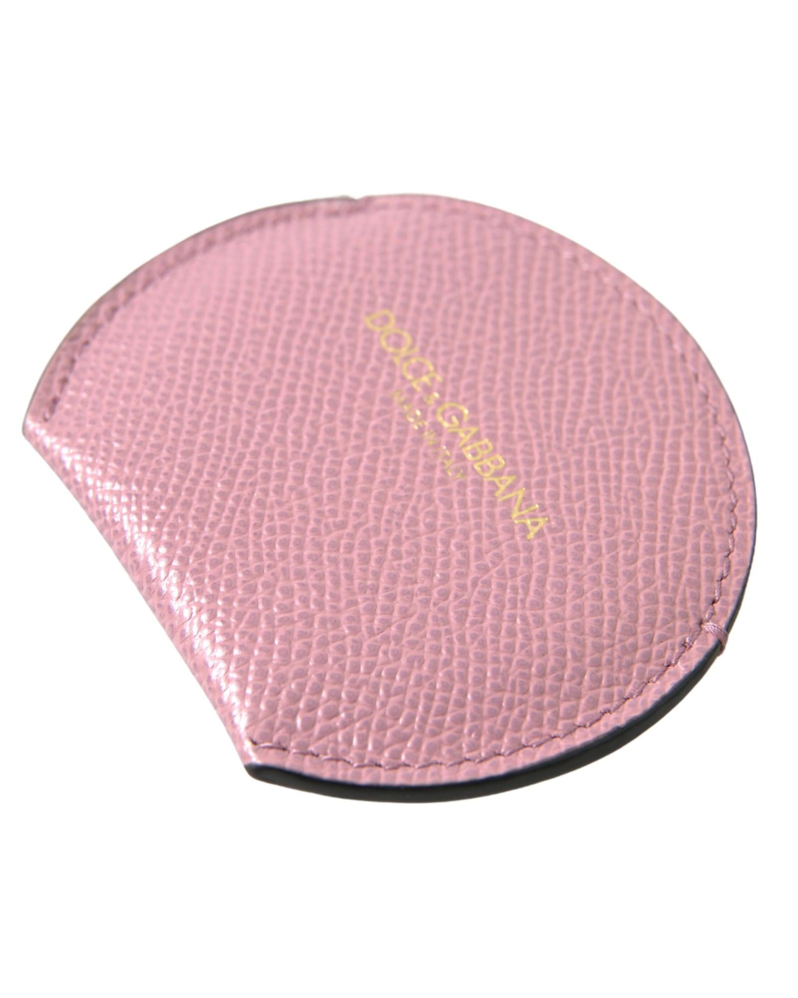 Dolce & Gabbana Women's Pink Calfskin Leather Round Logo Print Hand Mirror Holder - One Size 3