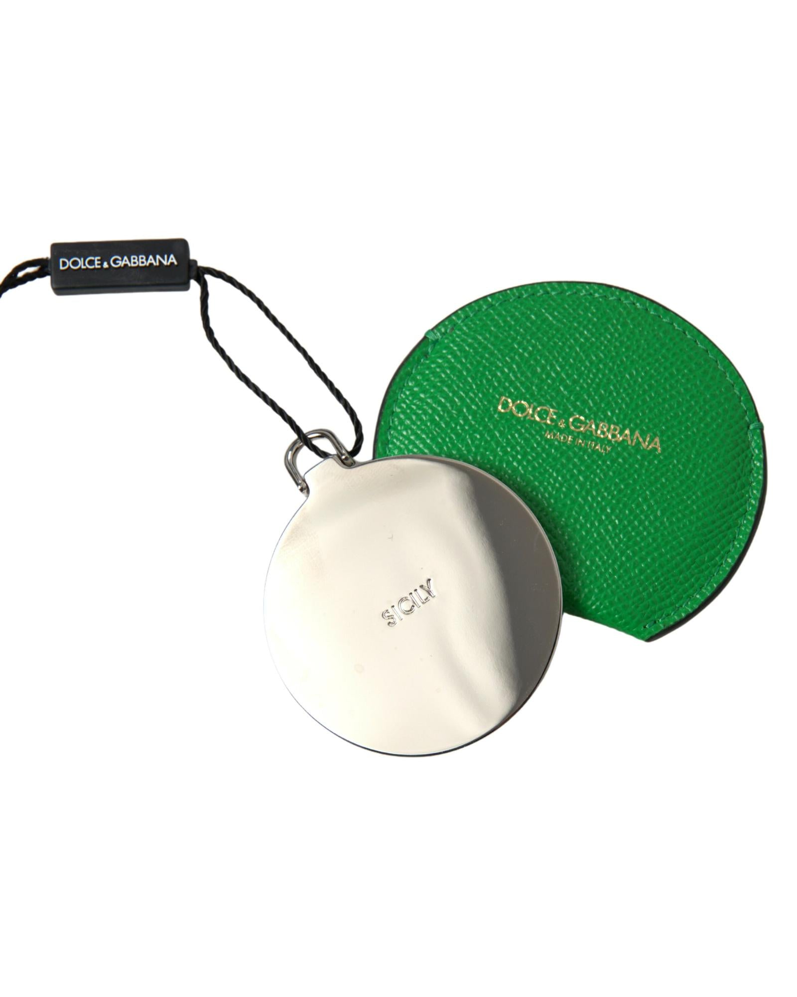 Dolce & Gabbana Women's Green Calfskin Leather Round Logo Hand Mirror Holder - One Size 4