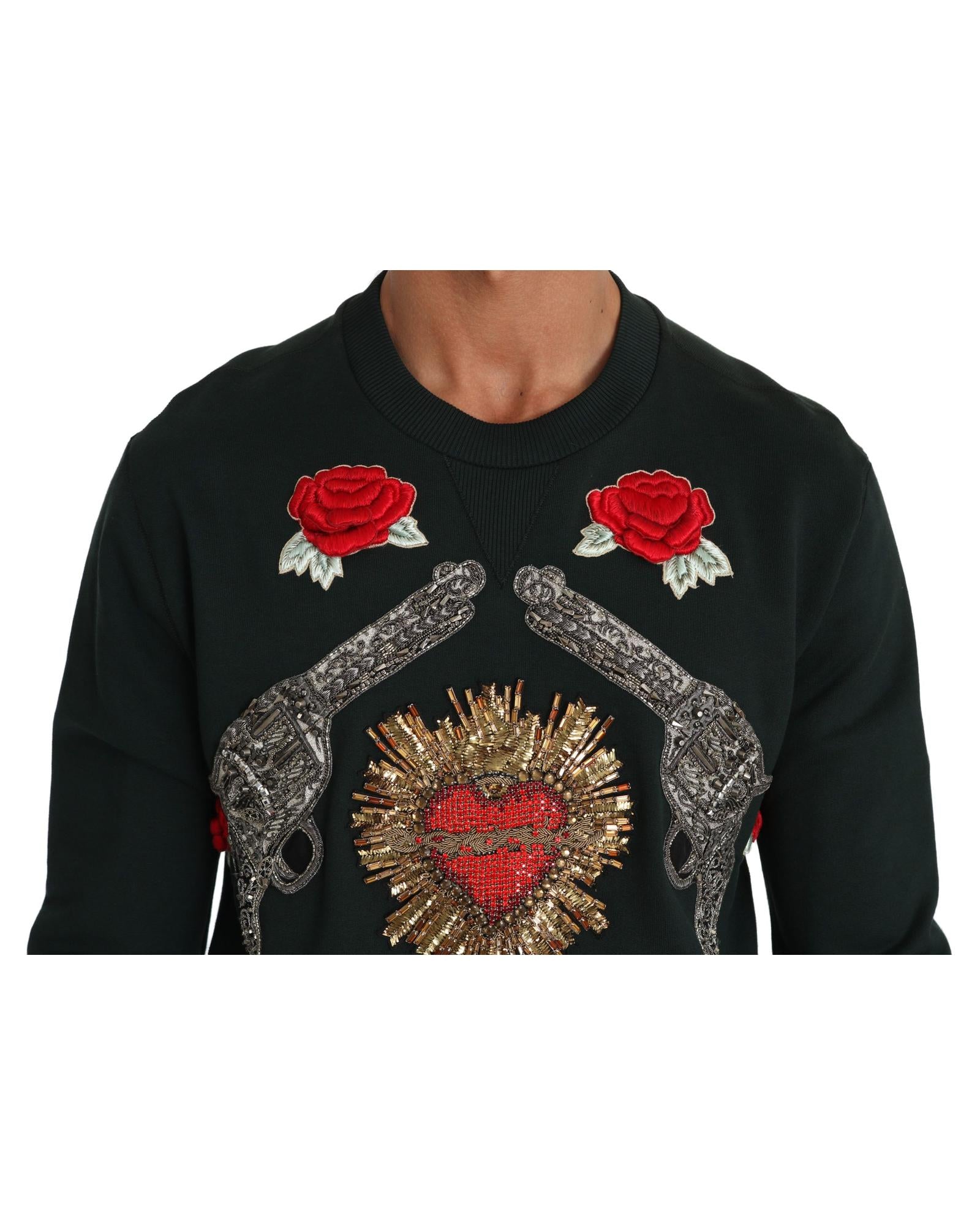 Dolce & Gabbana Green Cotton Crystal Heart Roses Embroidered Pullover Sweater 48 IT Men 3