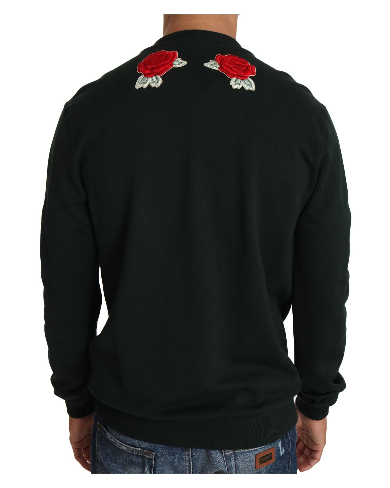 Dolce & Gabbana Green Cotton Crystal Heart Roses Embroidered Pullover Sweater 52 IT Men