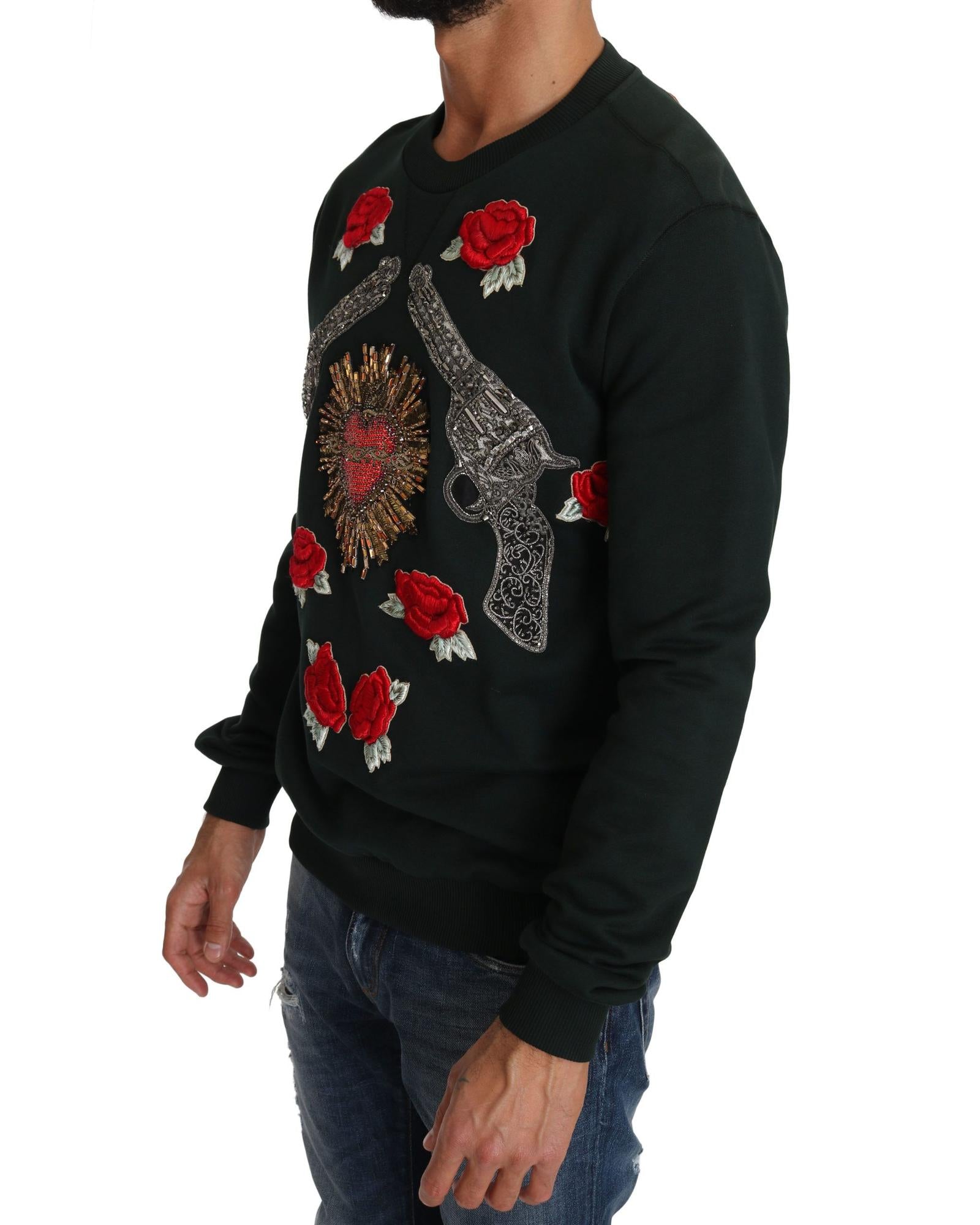 Dolce & Gabbana Green Cotton Crystal Heart Roses Embroidered Pullover Sweater 52 IT Men 3