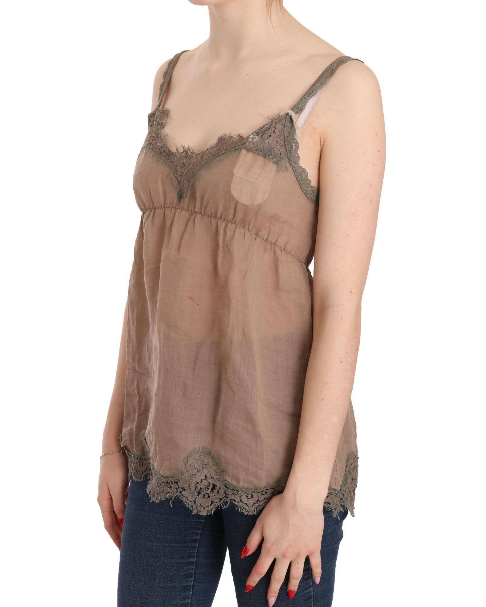Brown Lace Spaghetti Strap Plunging Top Blouse 44 IT Women 3