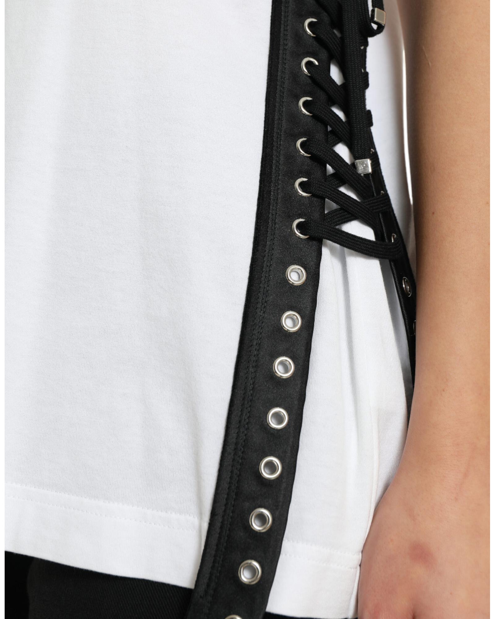 Dolce & Gabbana Women's White Slogan Print Lacing Detailed T-shirt - 36 IT 6