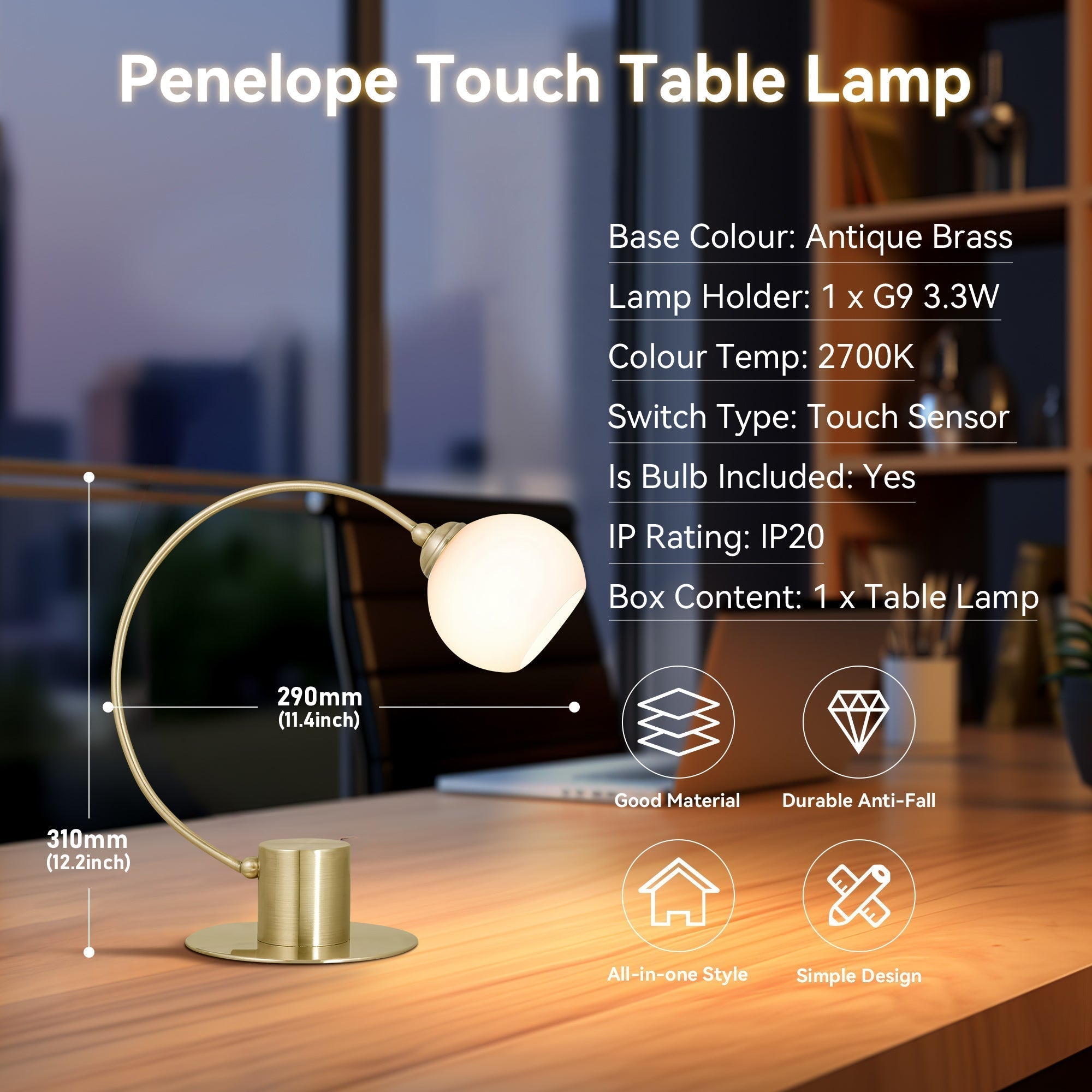 Penelope Touch Table Lamp - Antique Brass 10