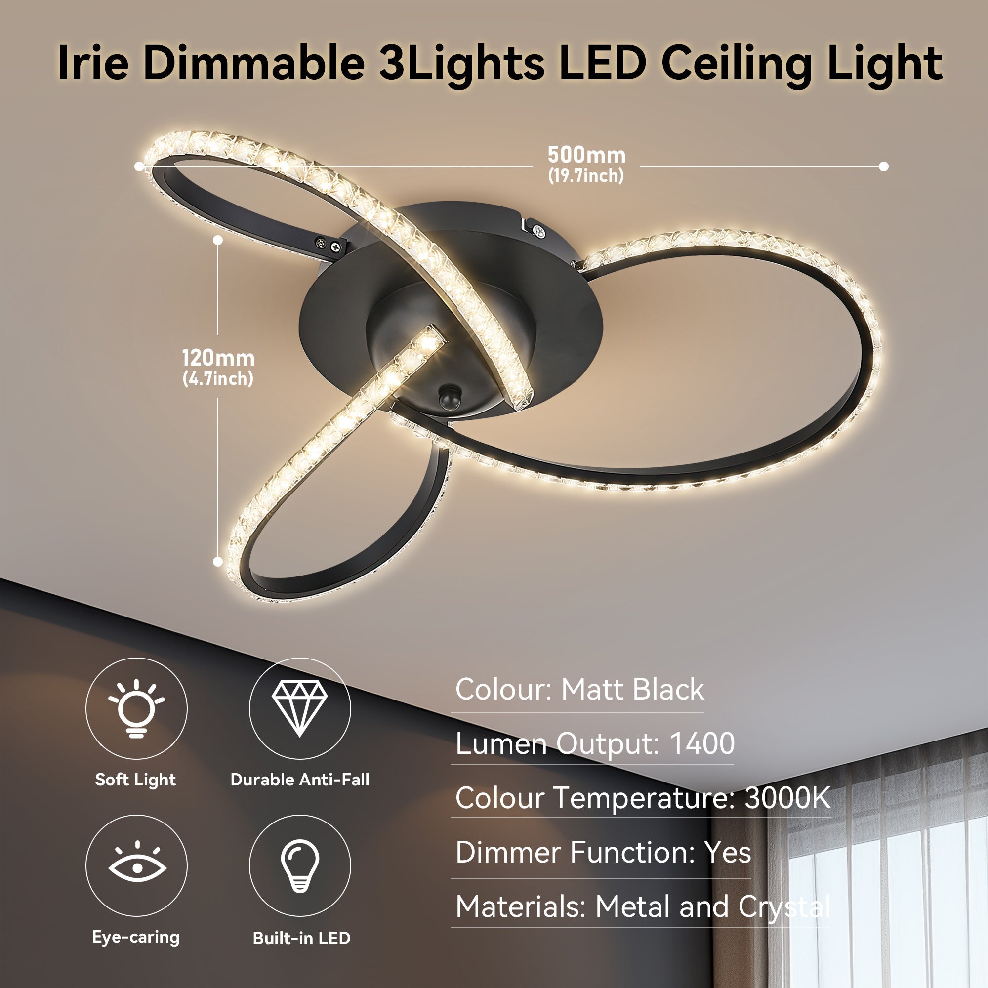 Irie Dimmable 3 Lights LED Ceiling Light - Black 8