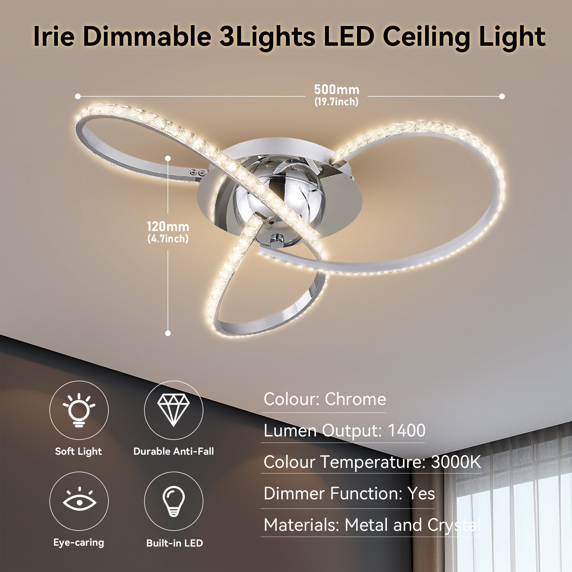 Irie Dimmable 3 Lights LED Ceiling Light - Chrome 6