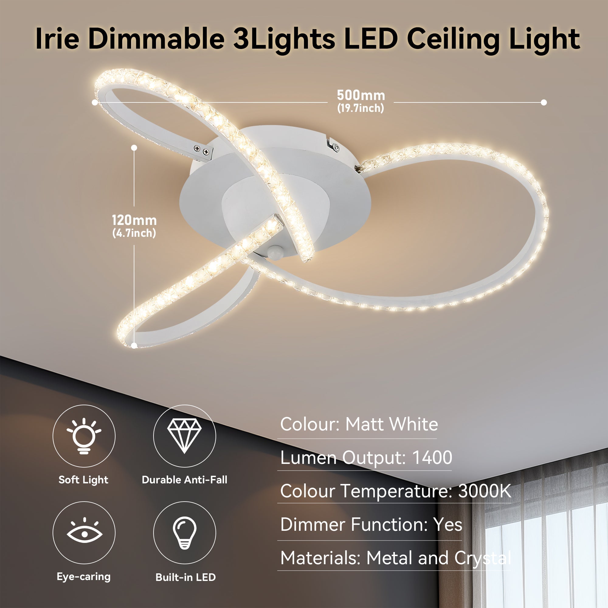 Irie Dimmable 3 Lights LED Ceiling Light - White 6