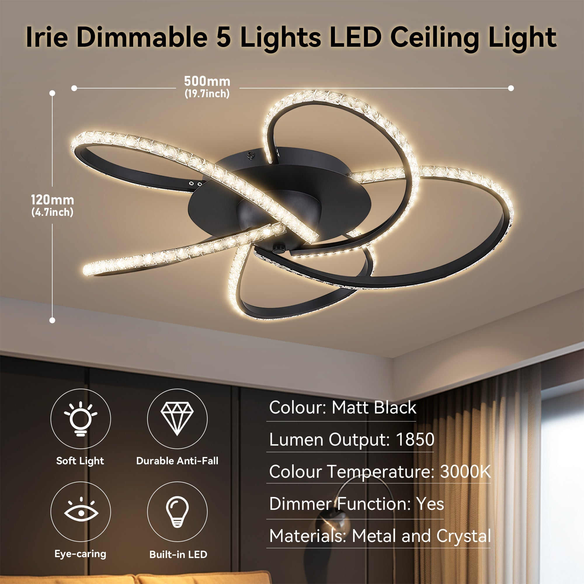Irie Dimmable 5 Lights LED Ceiling Light - Black 8