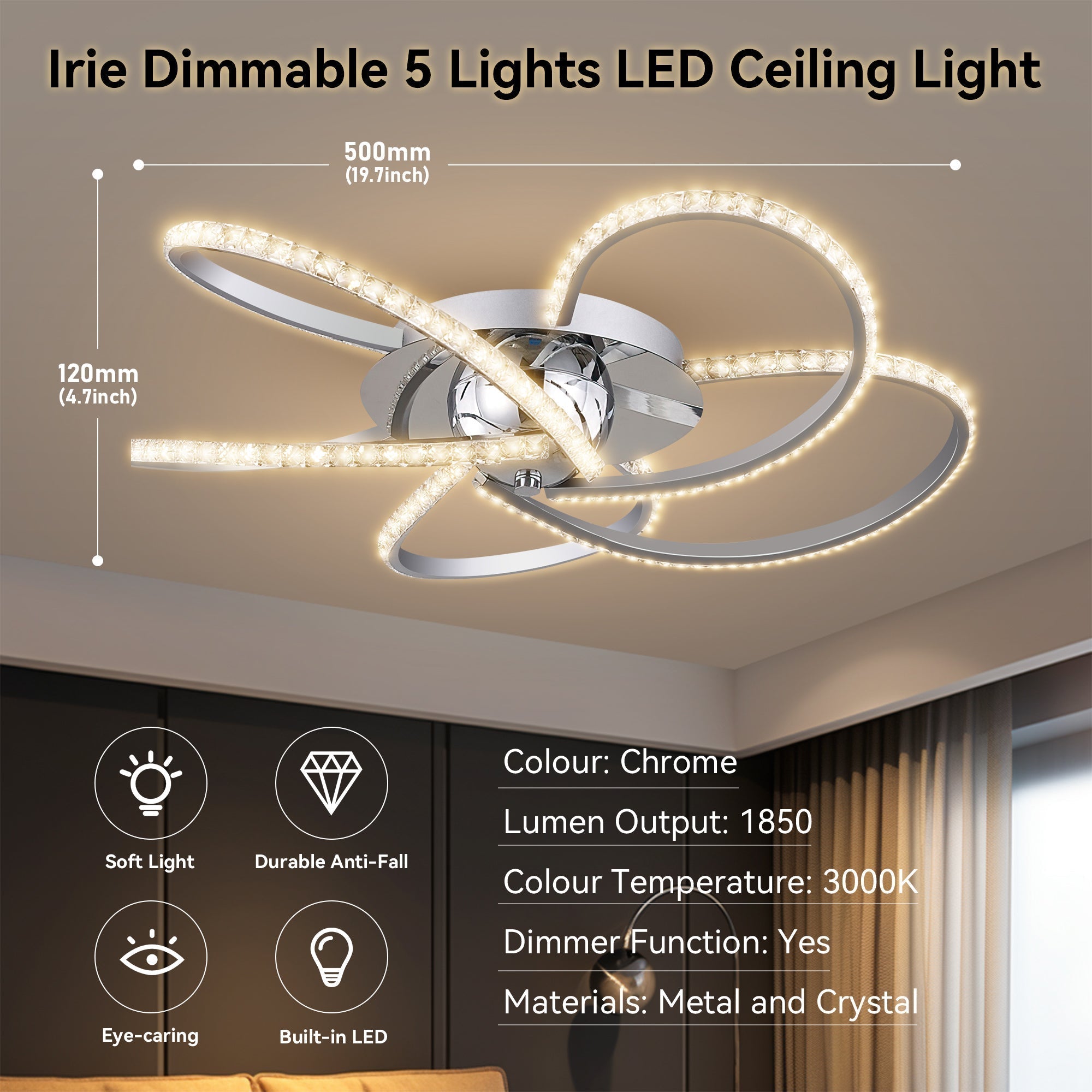 Irie Dimmable 5 Lights LED Ceiling Light - Chrome 6
