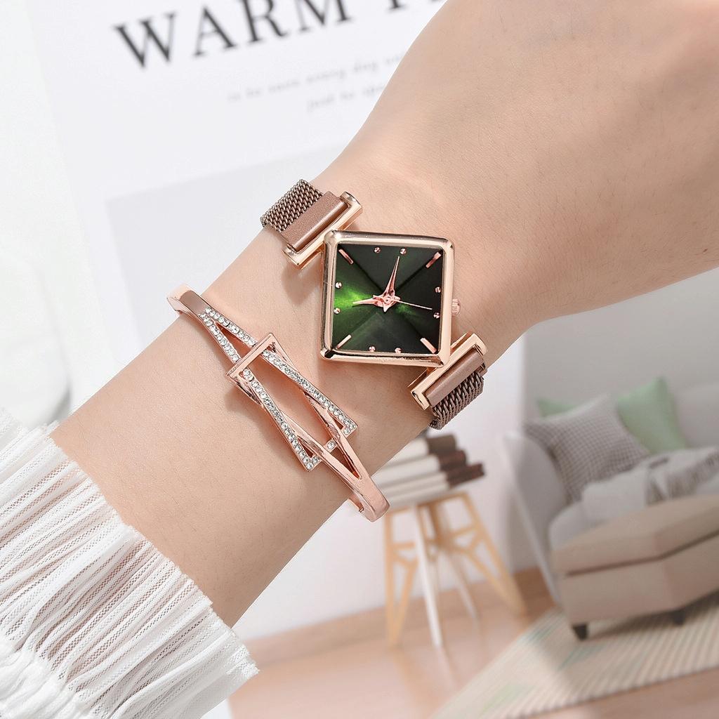 Rose Gold Diamond Dial Watch with Green Bracelet - Women 3