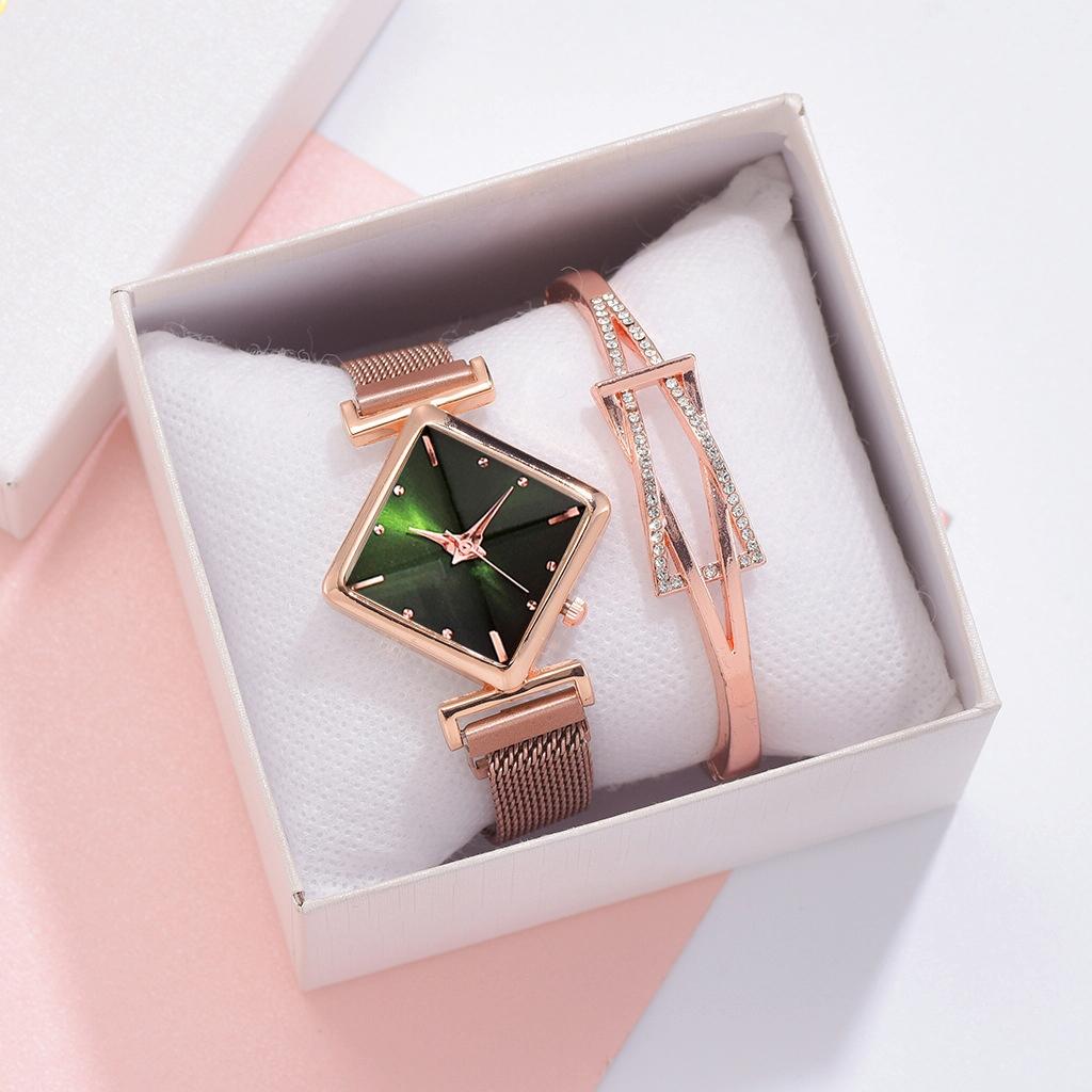 Rose Gold Diamond Dial Watch with Green Bracelet - Women 4