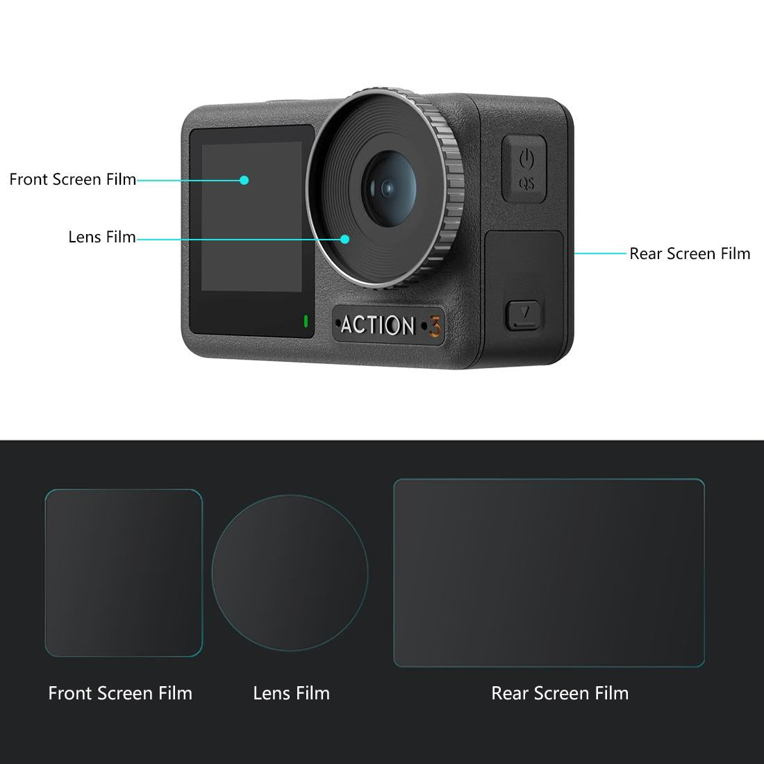 Tempered Glass Film Set for Dji Action 3 - 3-in-1 Protection for Front and Back Screens and Lenses 4