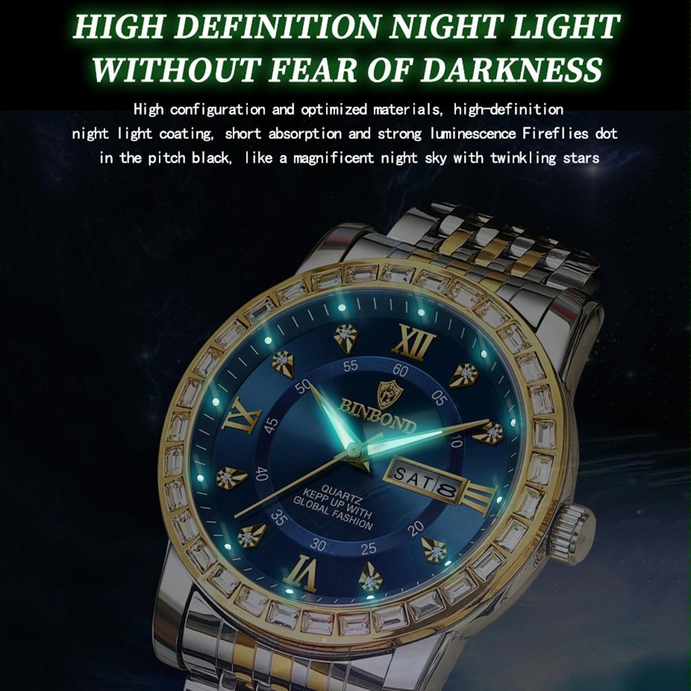 Diamond Dual-calendar Luminous Quartz Watch - B2202 - Black Steel-Black-White Nail 4