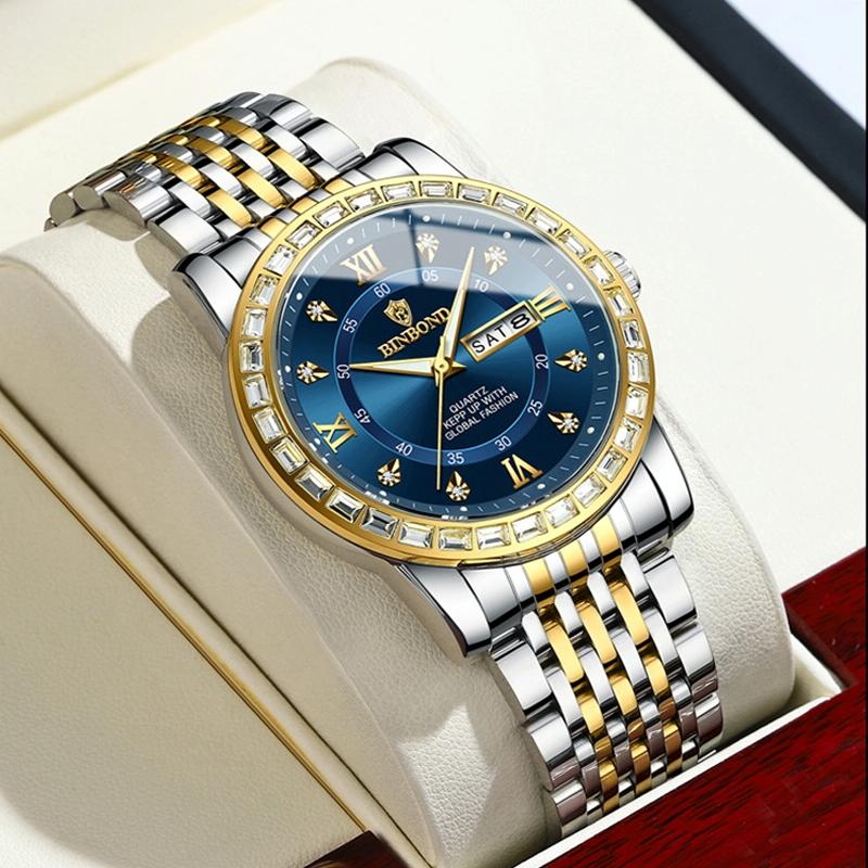 Diamond Dual-calendar Luminous Quartz Watch - B2202 - Black Steel-Black-White Nail 7