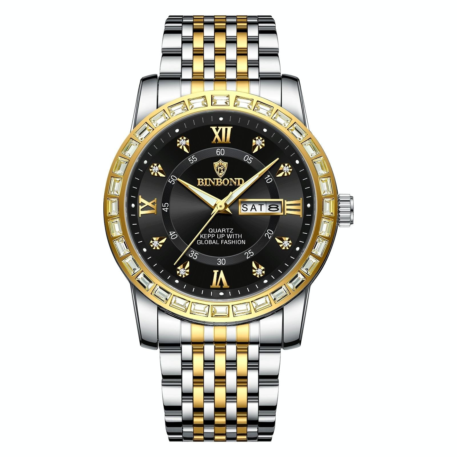 Diamond Dual-calendar Luminous Quartz Watch - B2202 - Black Steel-Black-White Nail 9