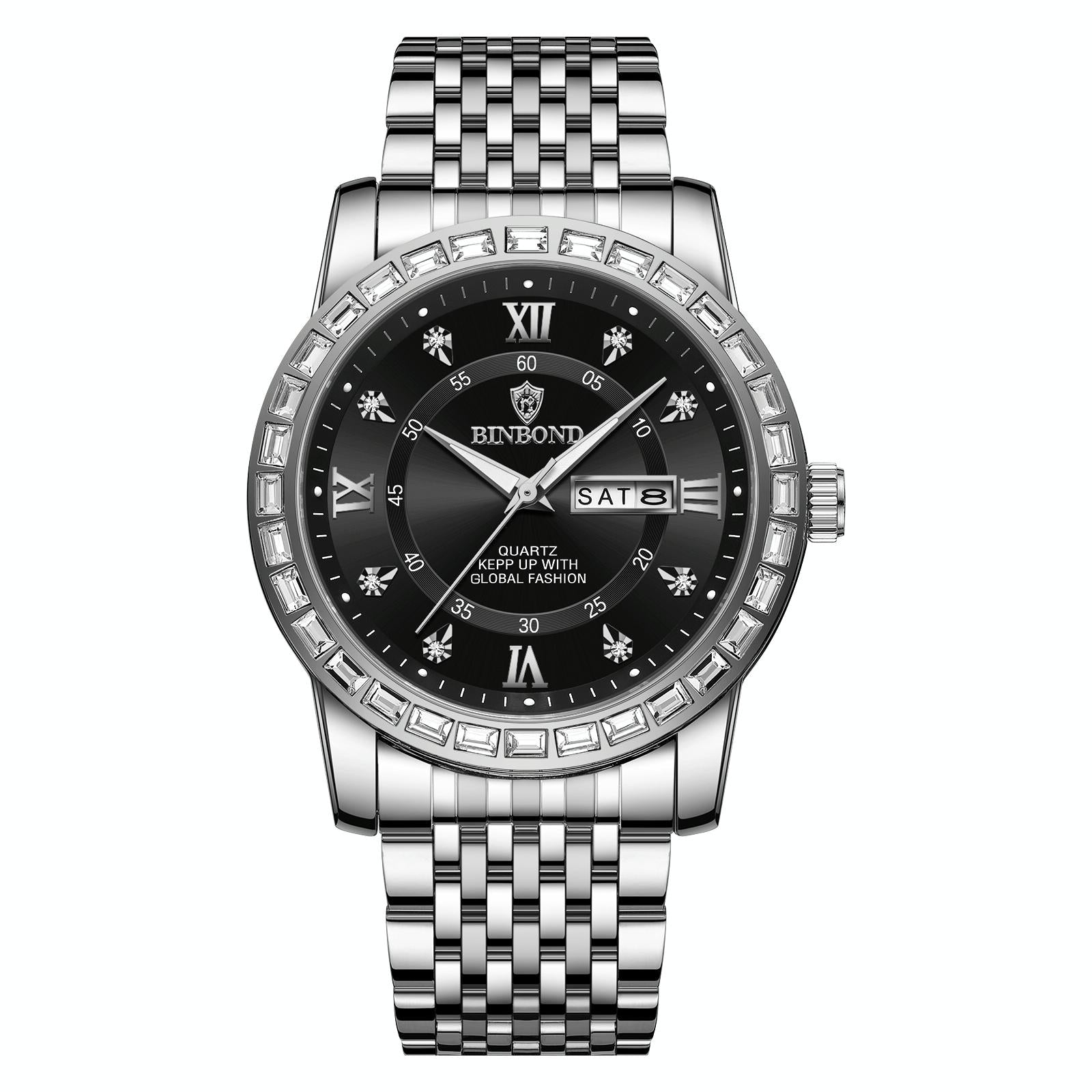 Diamond Dual-calendar Luminous Quartz Watch - B2202 - Black Steel-Black-White Nail 14