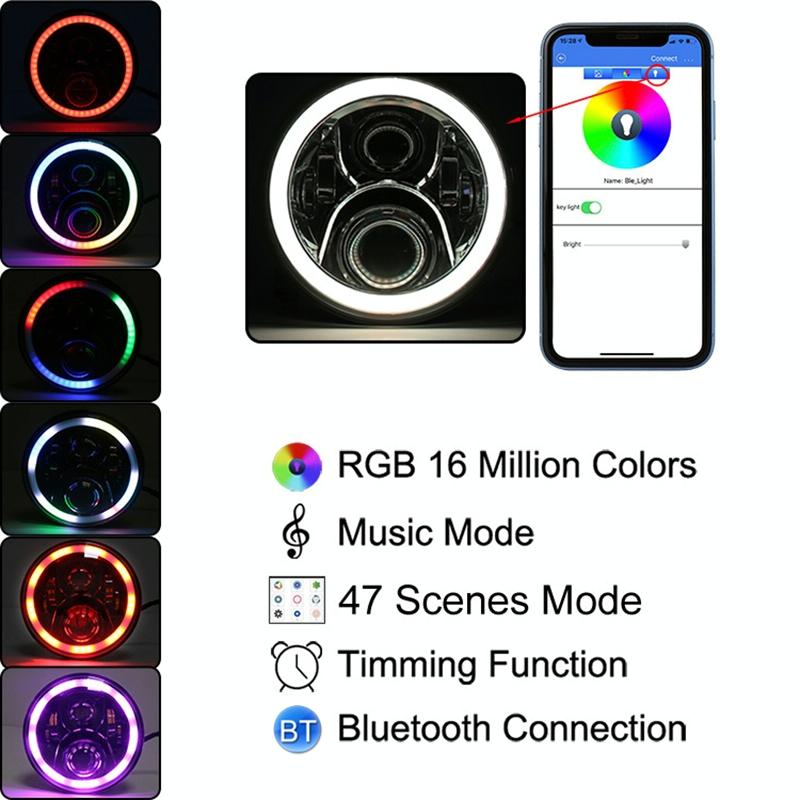 2 Pcs 7 Inch Dc12V 6000K - 6500K 50W Car Led Headlight Cree Lamp Beads For Jeep Wrangler / Harley Support App + Bluetooth Control Black 3