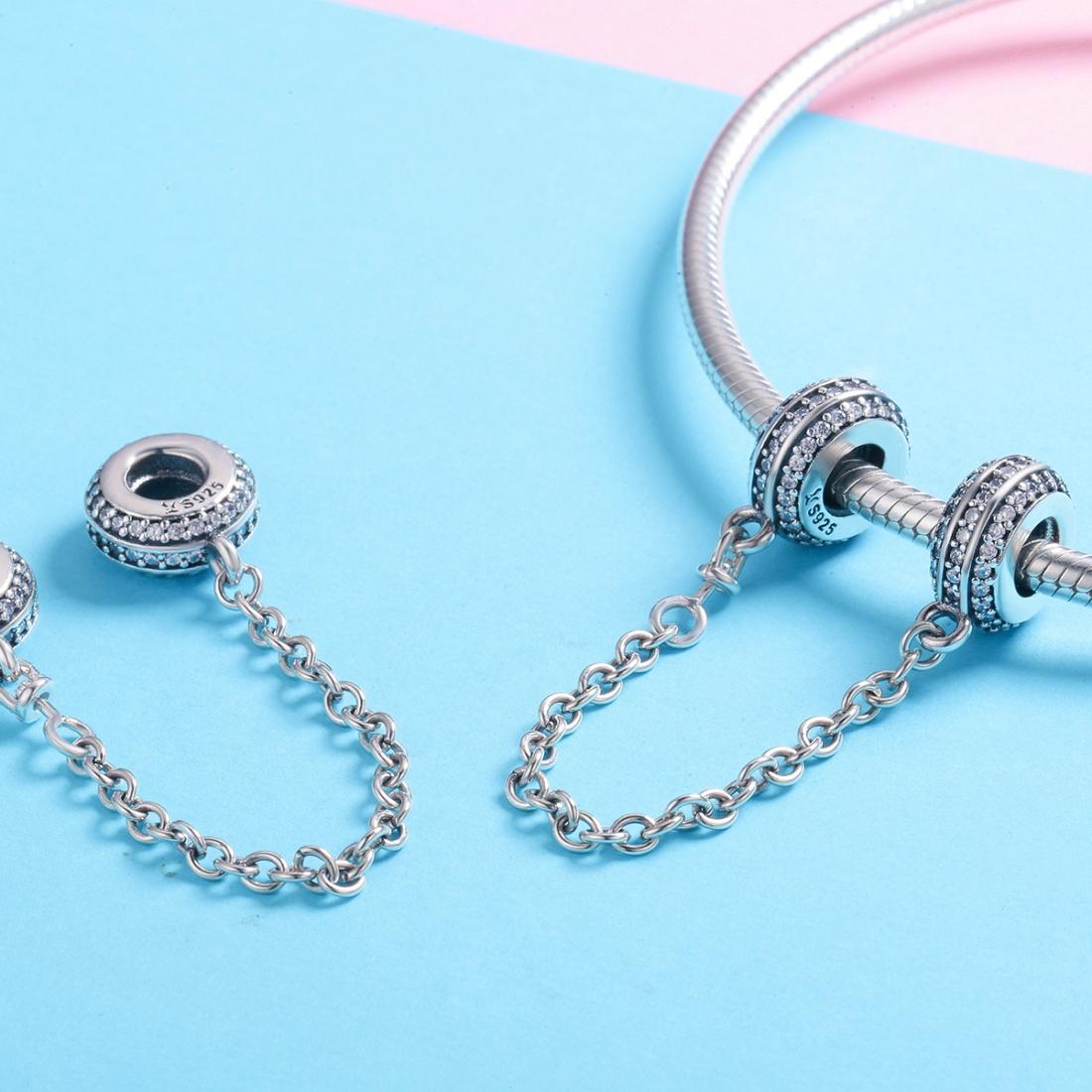 925 Sterling Silver Simple Diamond Beaded Bracelet Safety Chain 6