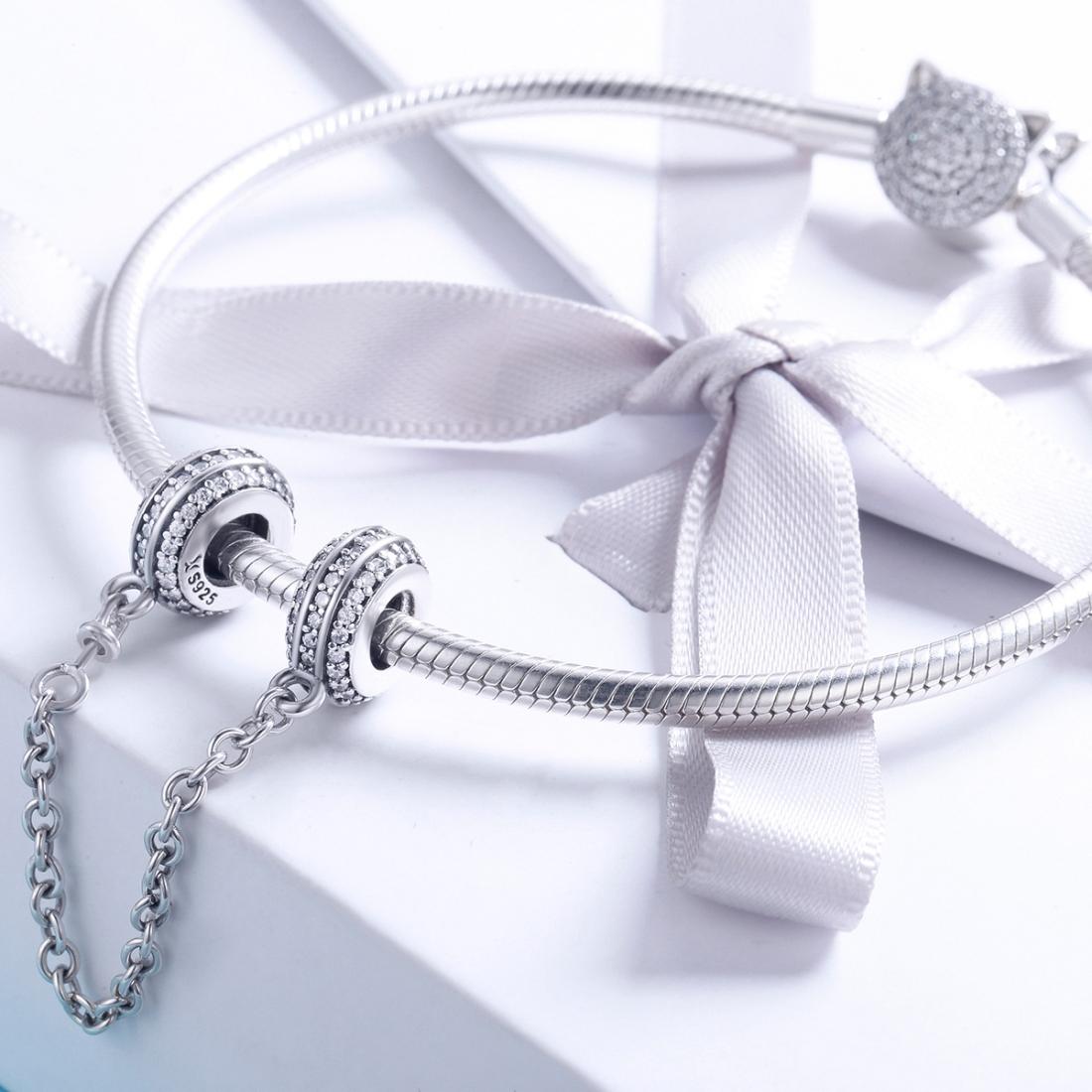 925 Sterling Silver Simple Diamond Beaded Bracelet Safety Chain 7