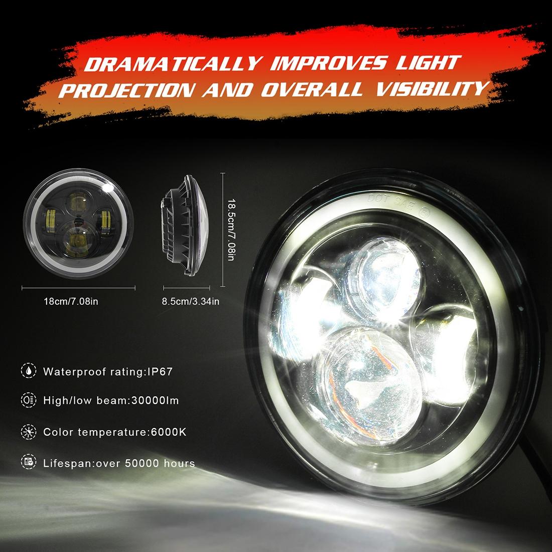 7 Inch H4 / H13 Dc 9V - 30V 3000Lm 6000K 30W Ip67 4Led Lamp Beads Car Round Shape Led Headlight Lamps For Jeep Wrangler / Harley With Angel Eye 8