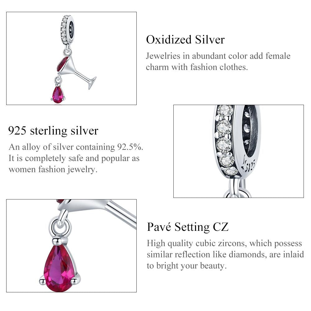 925 Sterling Silver Shimmering Wine Glass Pendant For Diy Bracelets & Necklaces 5