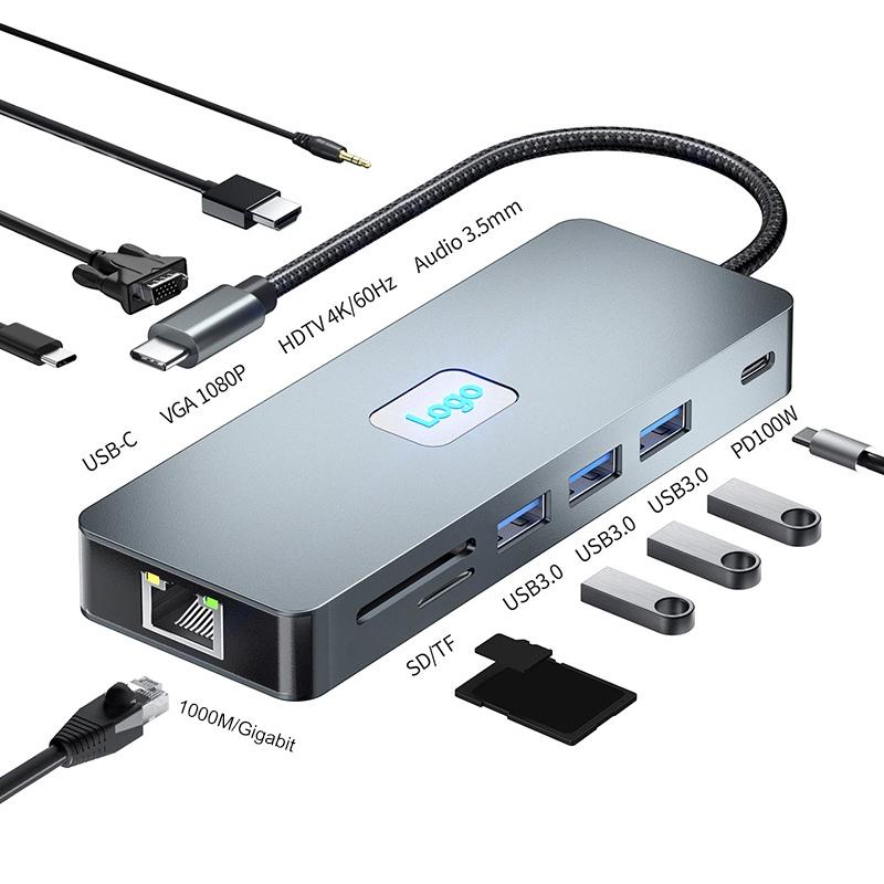 11-In-1 Type-C Docking Station With Usb Pd Sd / Tf Rj45 Vga Hdtv 3.5Mm 3