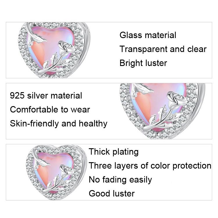 925 Sterling Silver Pink Glass Rose Bracelet Bead 3
