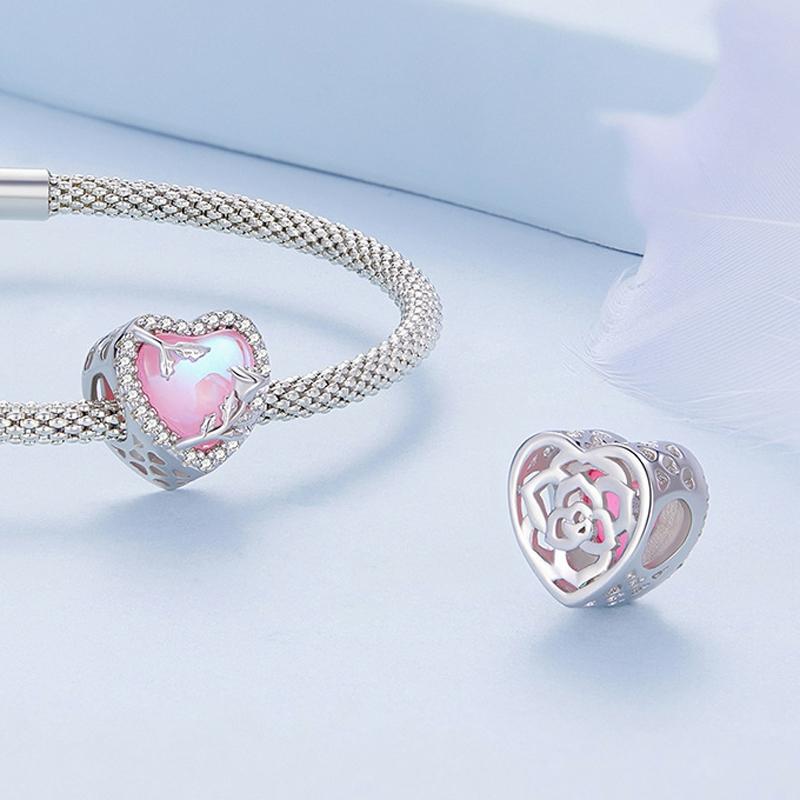925 Sterling Silver Pink Glass Rose Bracelet Bead 5