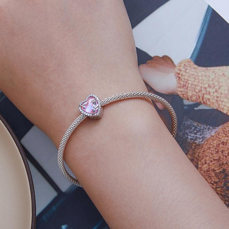 925 Sterling Silver Pink Glass Rose Bracelet Bead 6