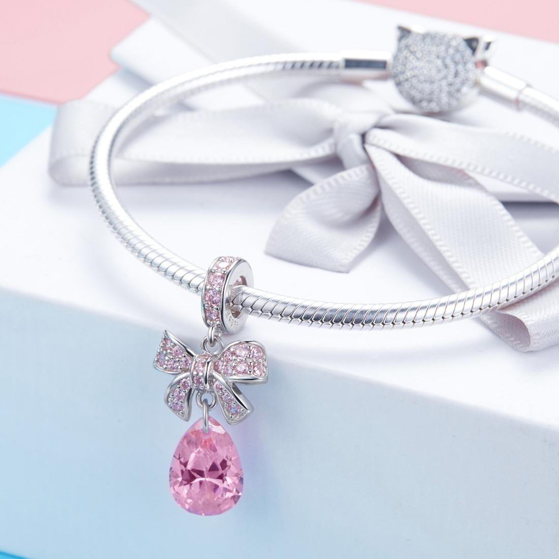 925 Sterling Silver Diy Pink Zircon Pendant With Bow 7